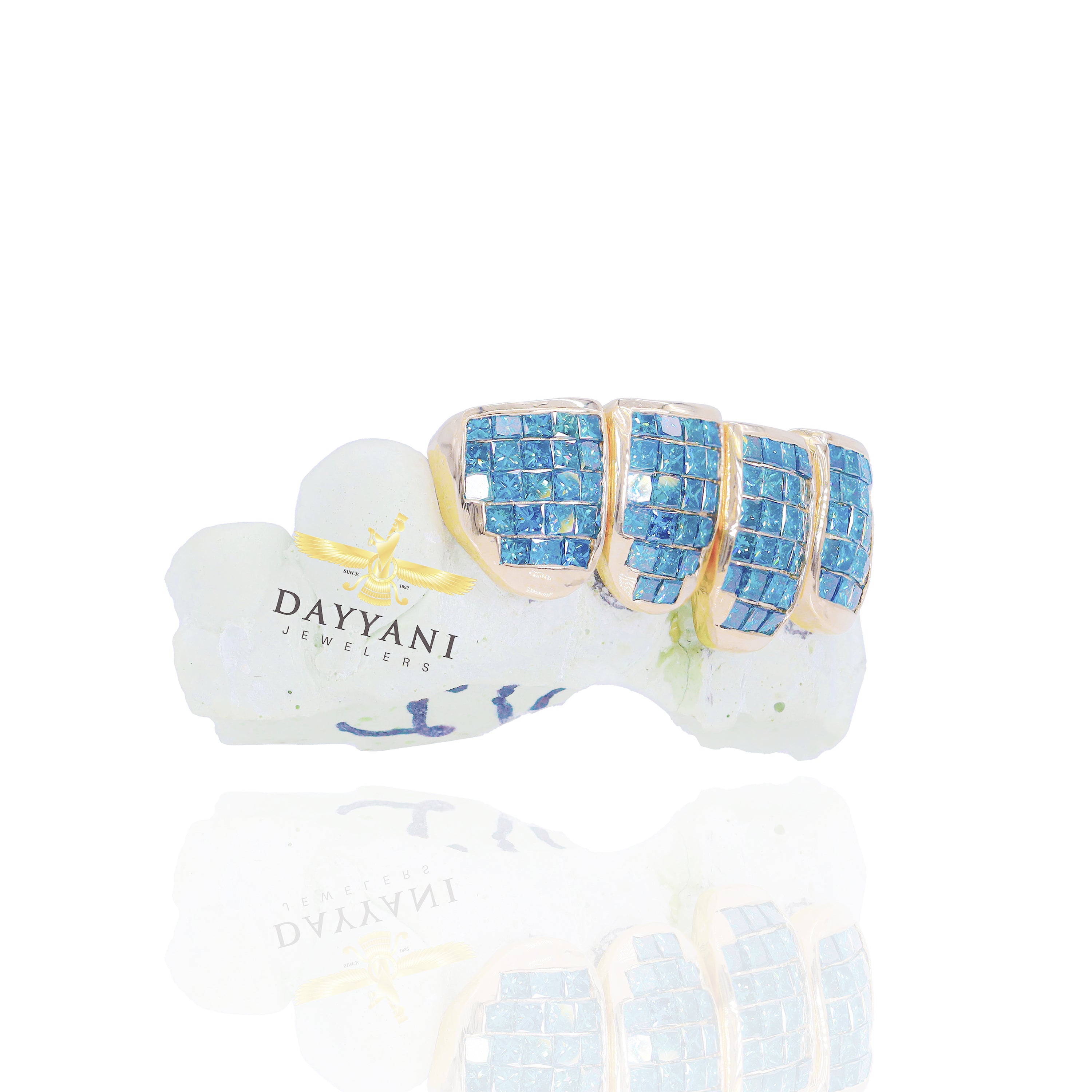 Custom VS Blue Diamond Grillz Hand Set Natural Princess Cut Diamond Gold Grillz (Invisible Setting)