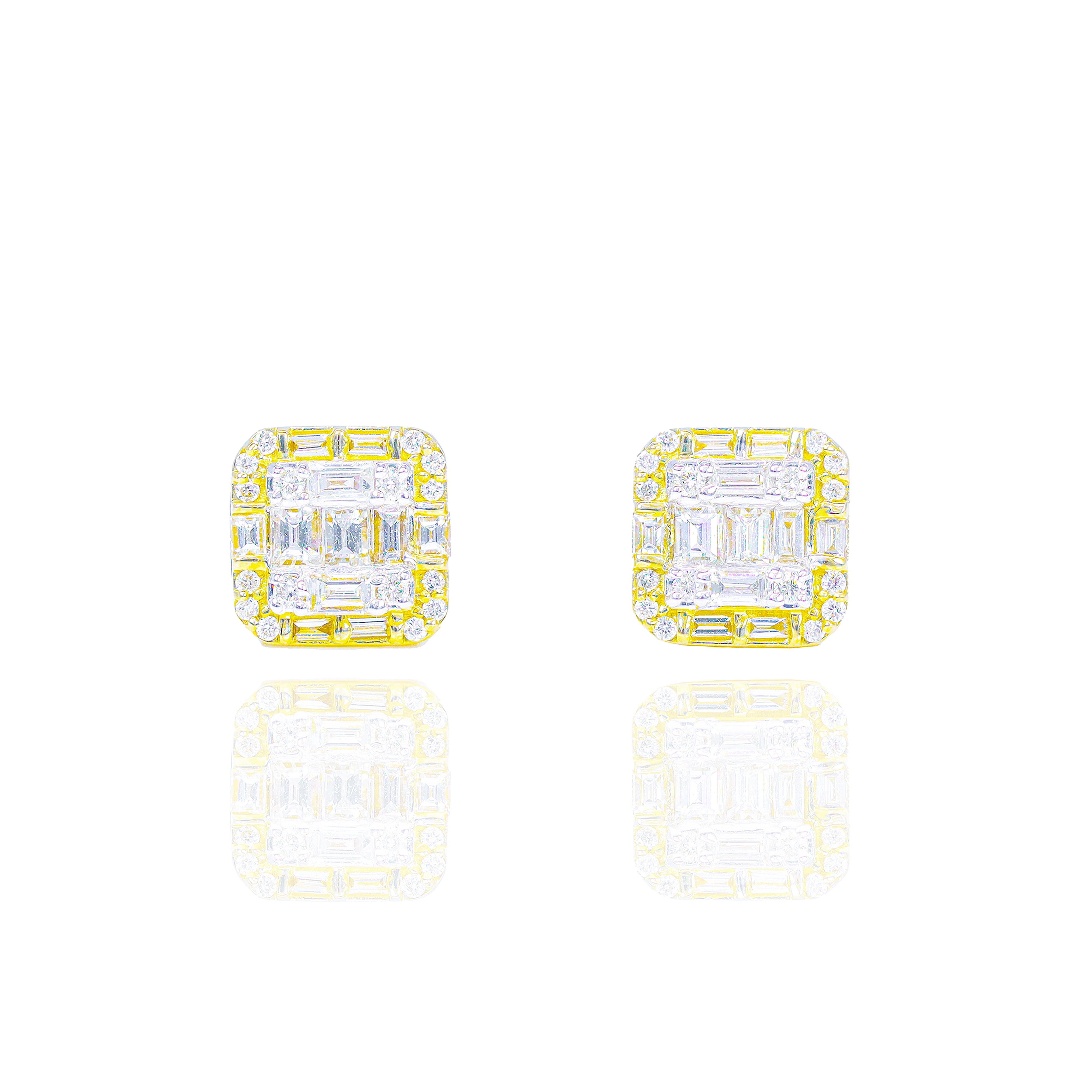Square Baguette and Round Diamond Border Earrings