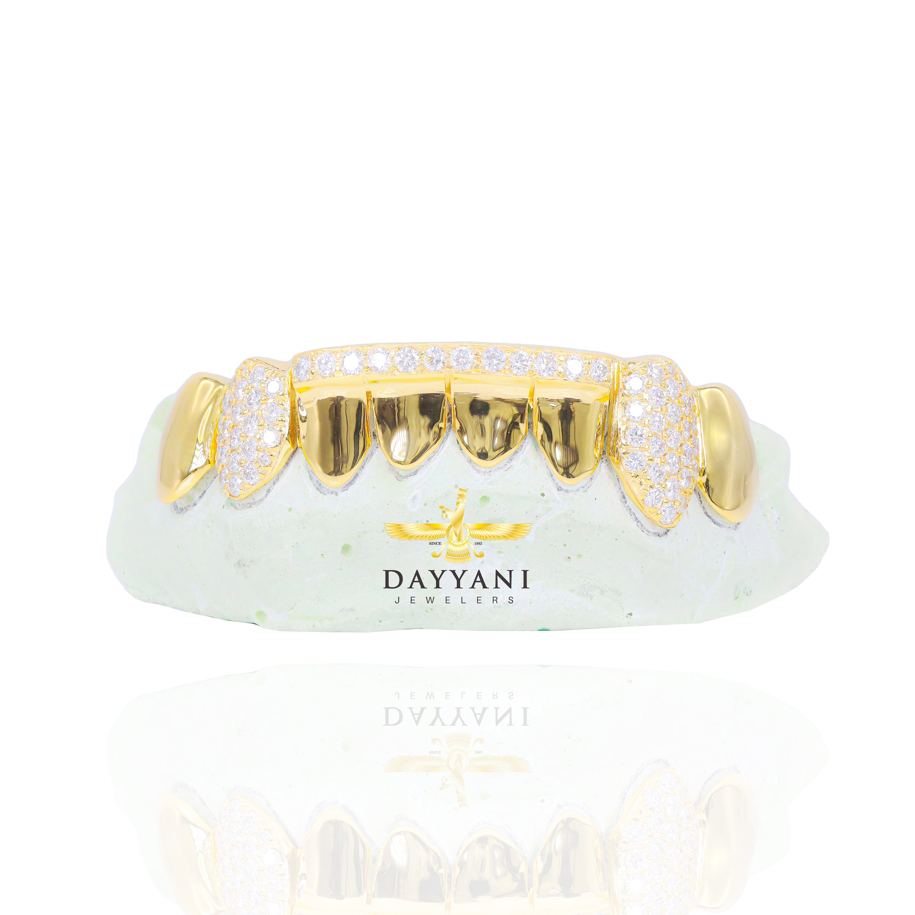 Custom 8 Teeth Grillz with Diamond on Fangs and Diamond Bar Gold Grillz