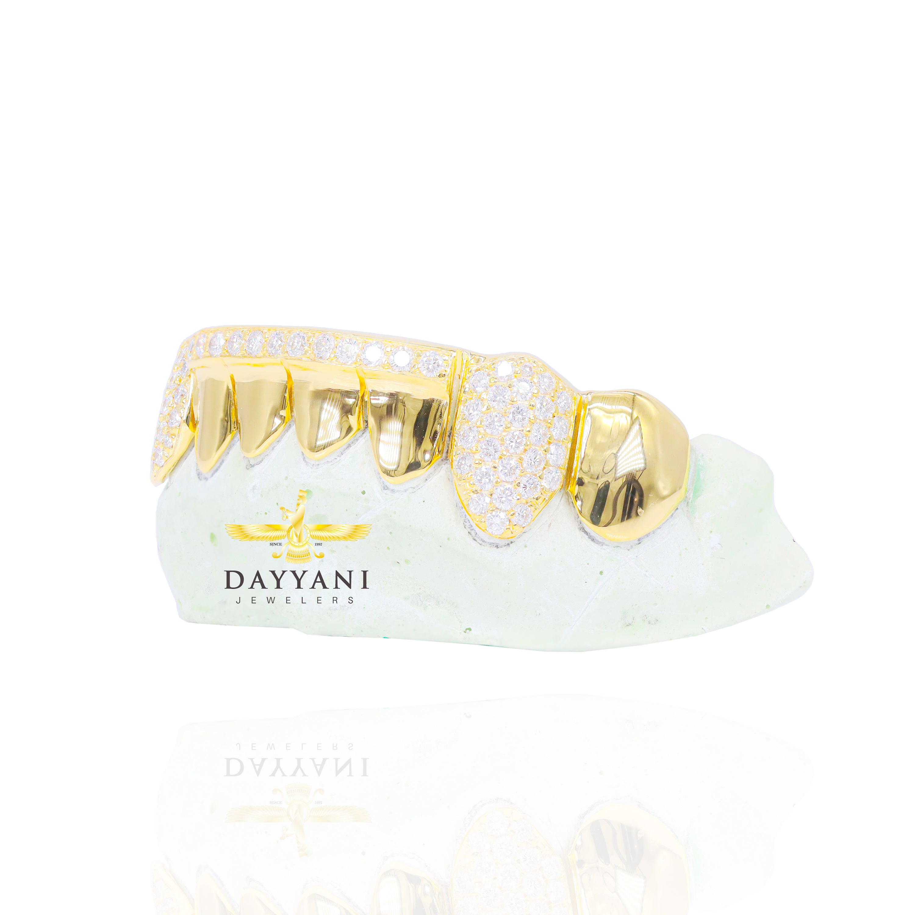Custom 8 Teeth Grillz with Diamond on Fangs and Diamond Bar Gold Grillz