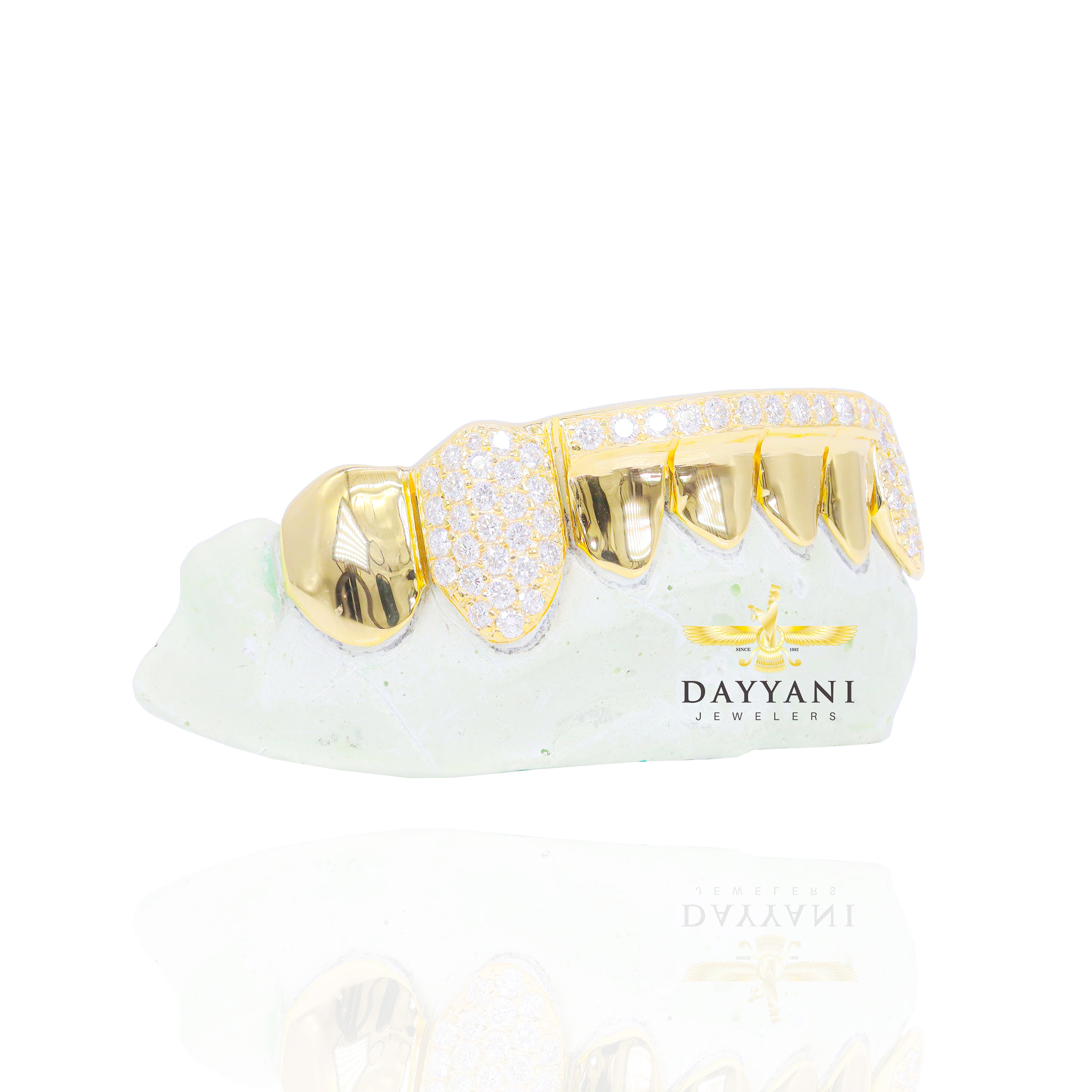 Custom 8 Teeth Grillz with Diamond on Fangs and Diamond Bar Gold Grillz