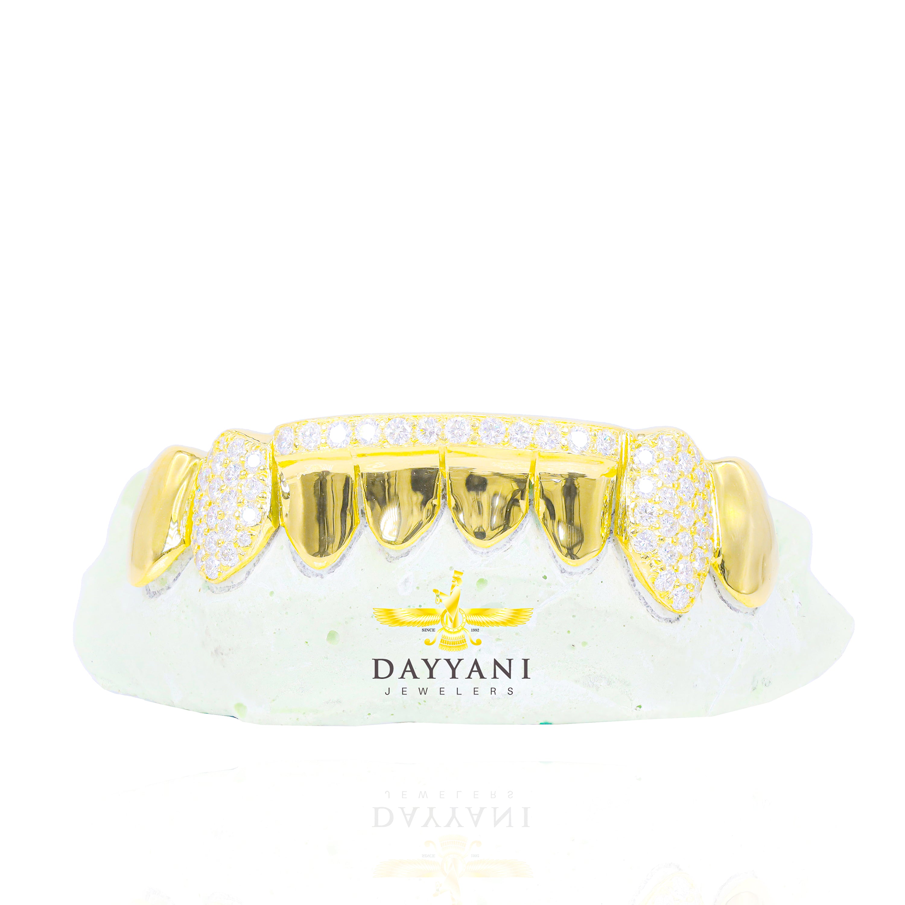 Custom 8 Teeth Grillz with Diamond on Fangs and Diamond Bar Gold Grillz