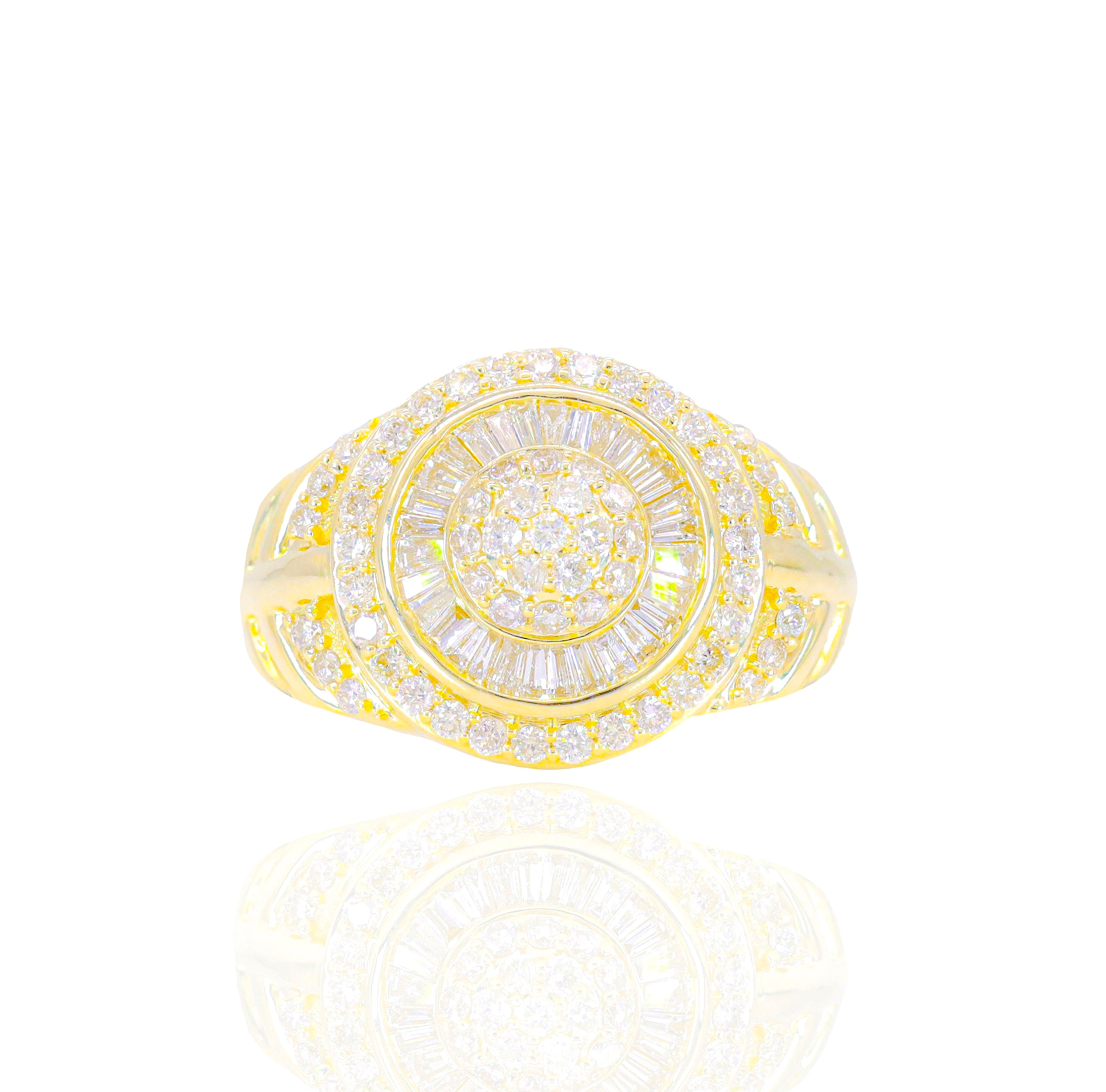 Dome Top Round Diamond Ring w/ Baguette Diamond Border