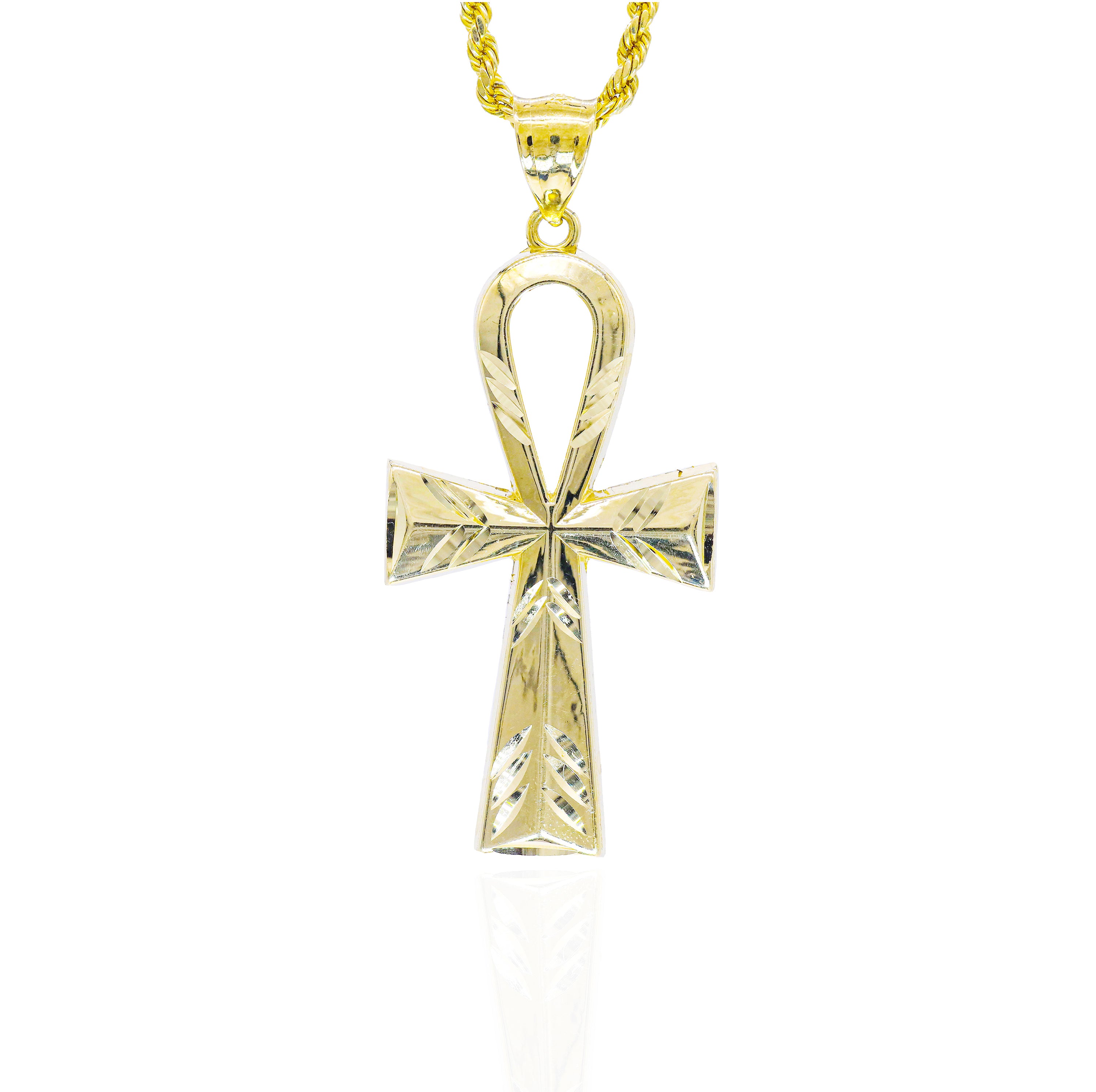 10KT Yellow Gold Long Fluted Ankh Solid Gold Pendant