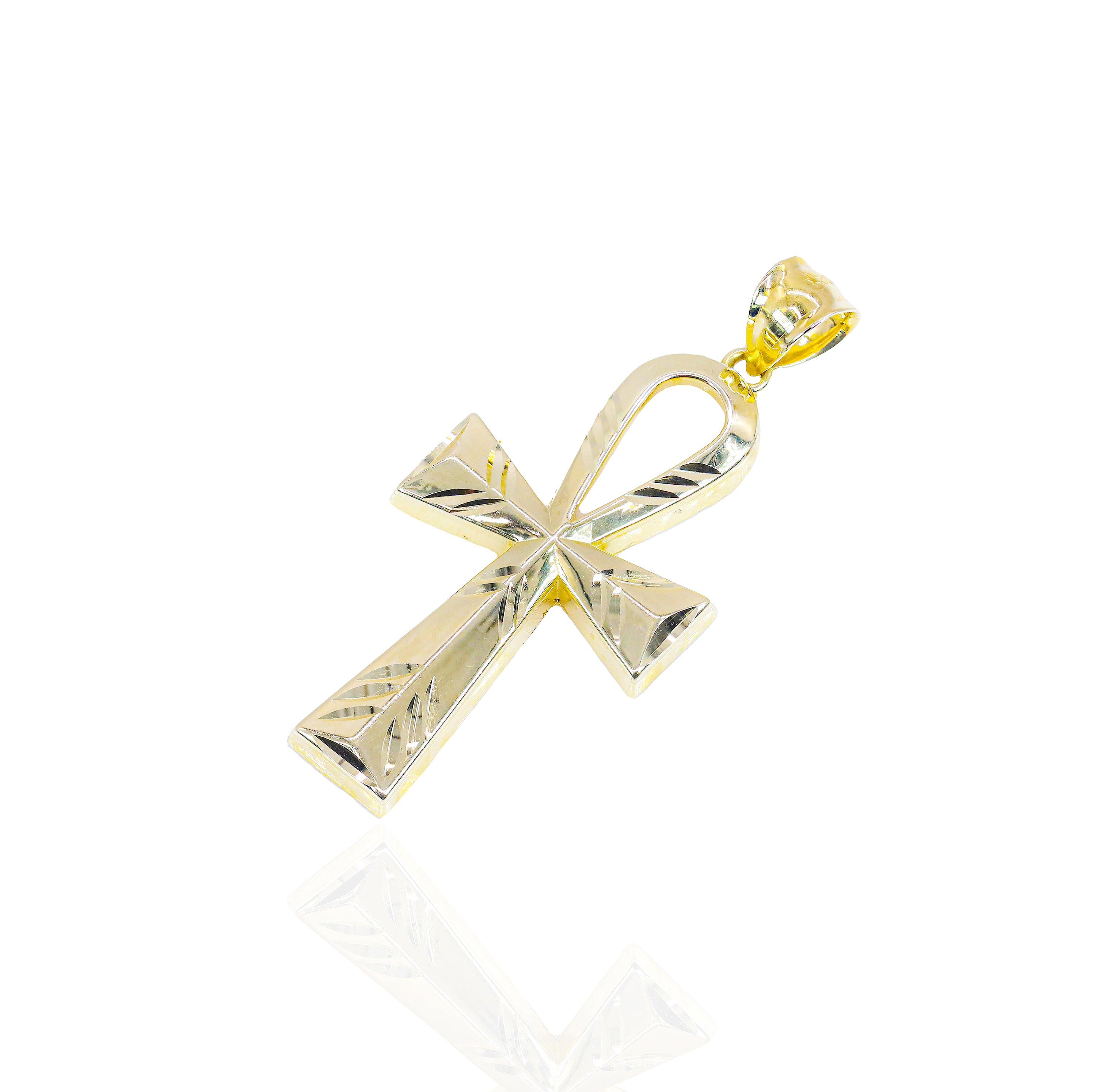 10KT Yellow Gold Long Fluted Ankh Solid Gold Pendant