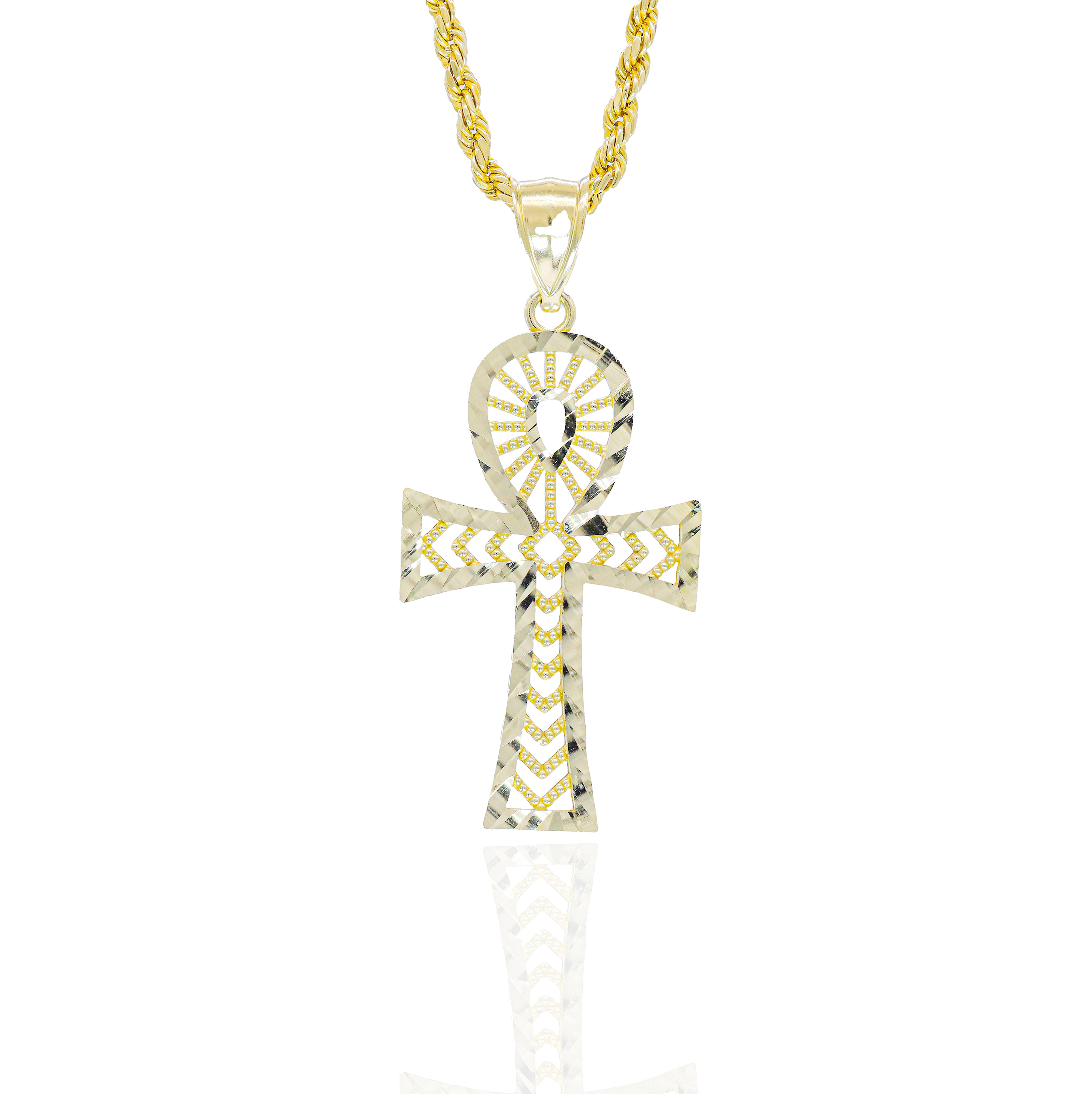 Fluted Ankh Pendant with Pattern Solid Gold Pendant