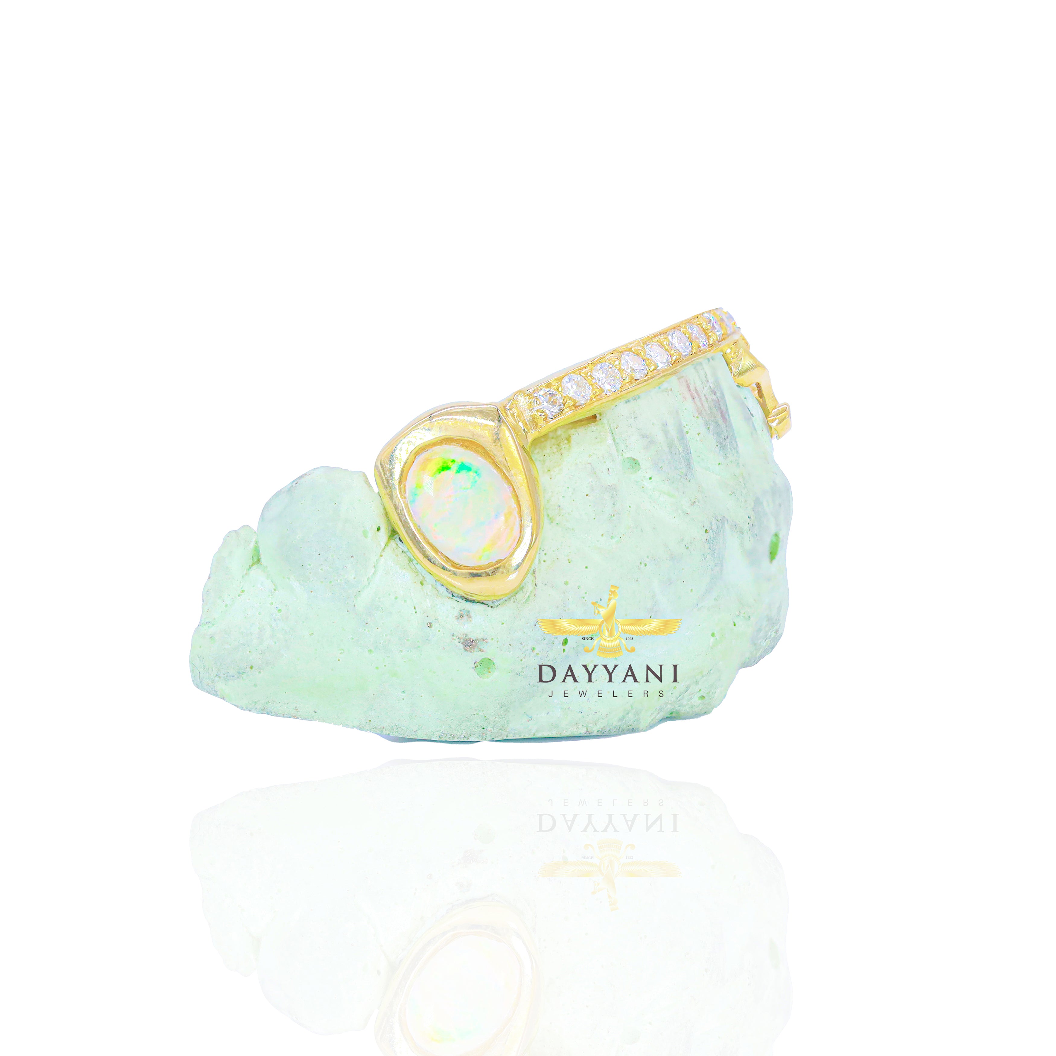 Custom One Row Diamond Bar with Opal & Heart Fang Gold Grillz