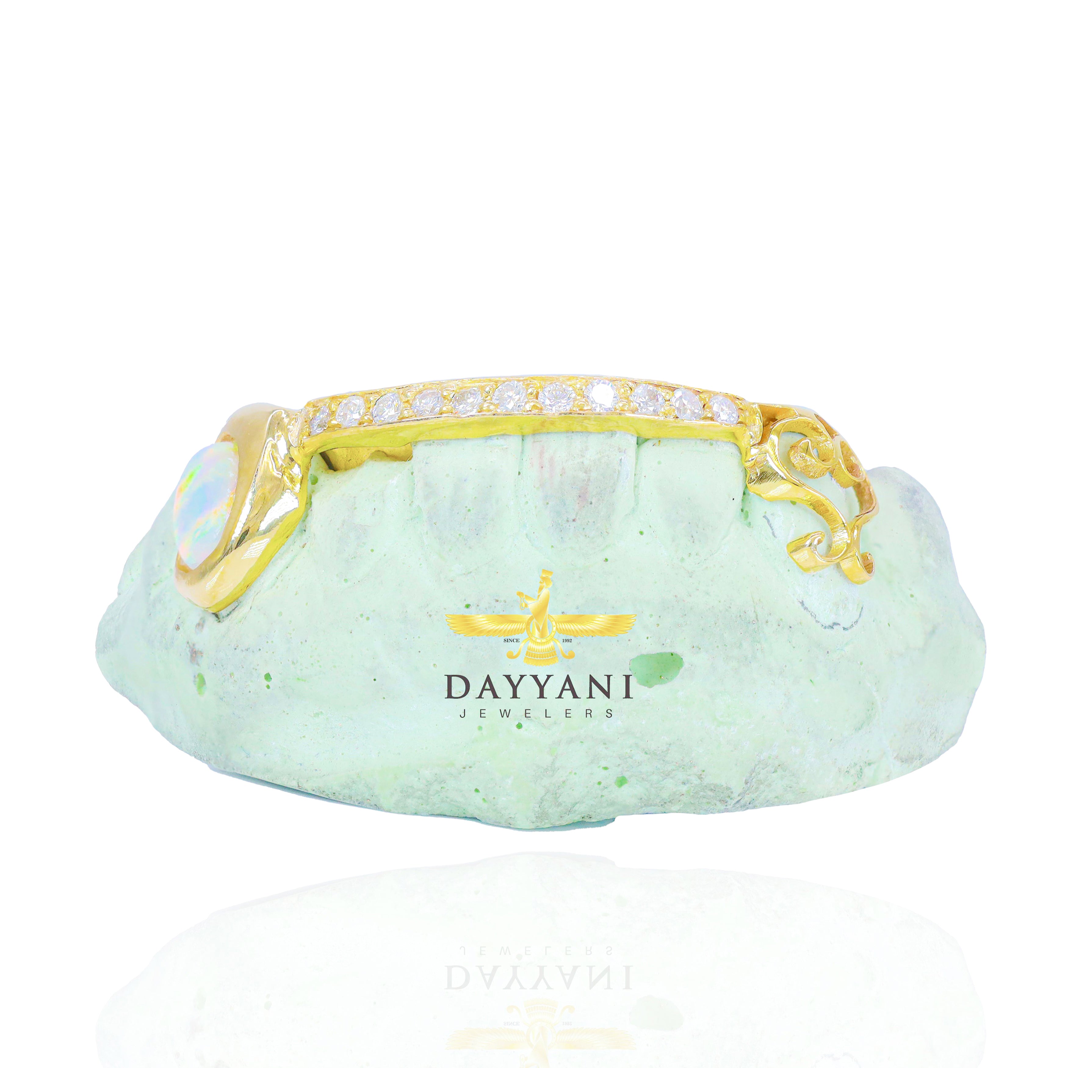 Custom One Row Diamond Bar with Opal & Heart Fang Gold Grillz