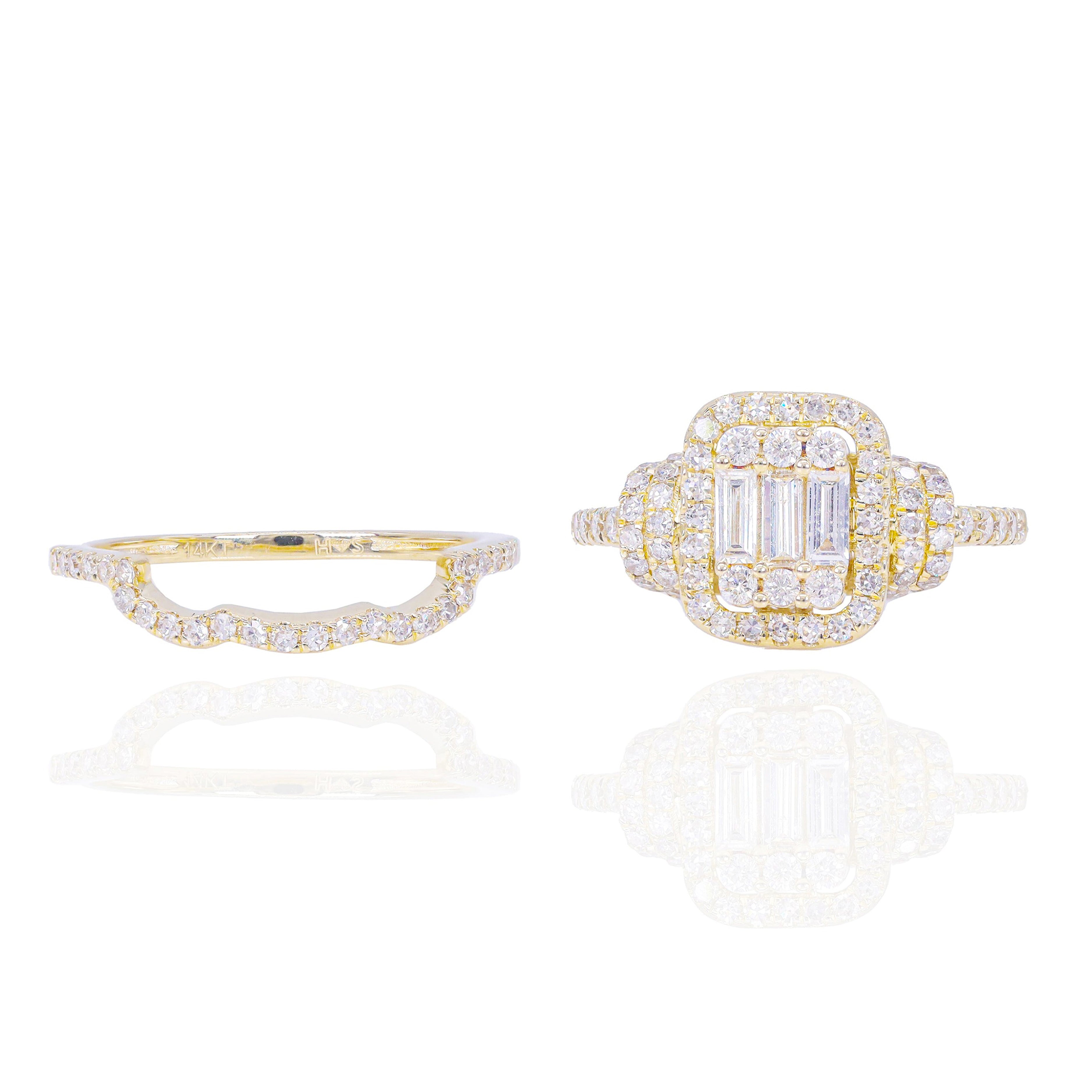 Emerald Shape with Halo and Double Band Side Diamond Engagement Ring