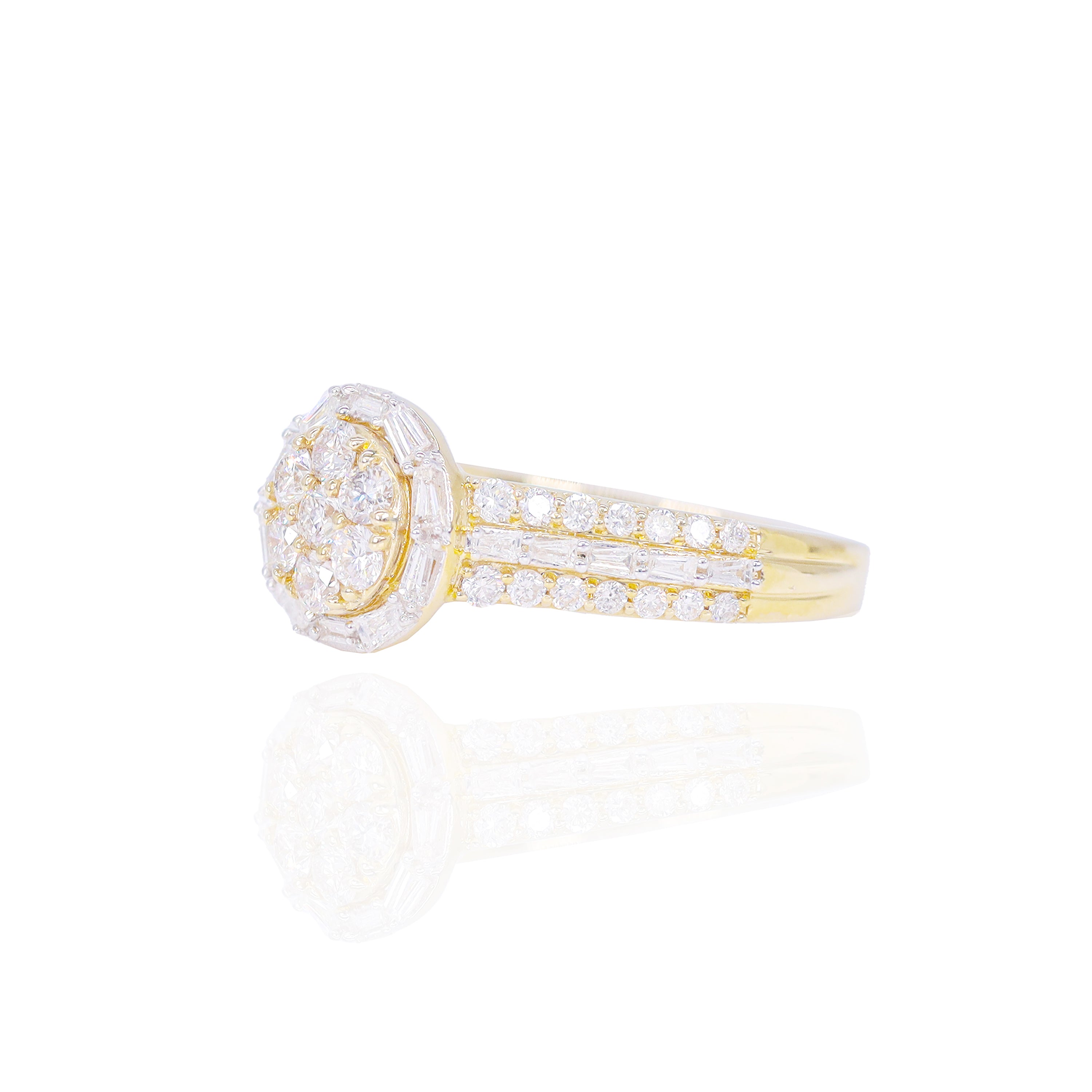 Round Shape with Halo Baguette Diamond Engagement Ring