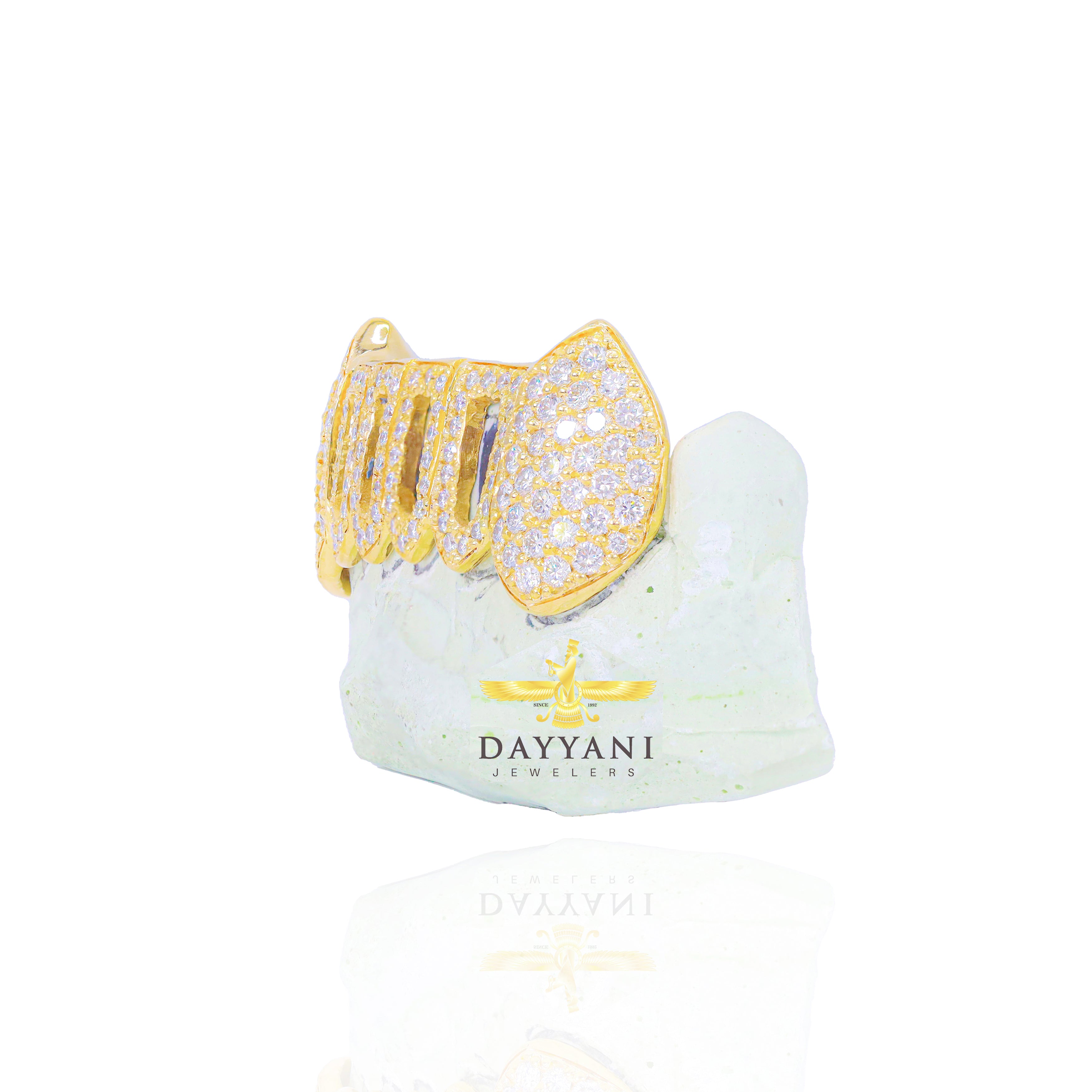 Custom Open Face Diamond w/ Diamond Extended Fangs Gold Grillz