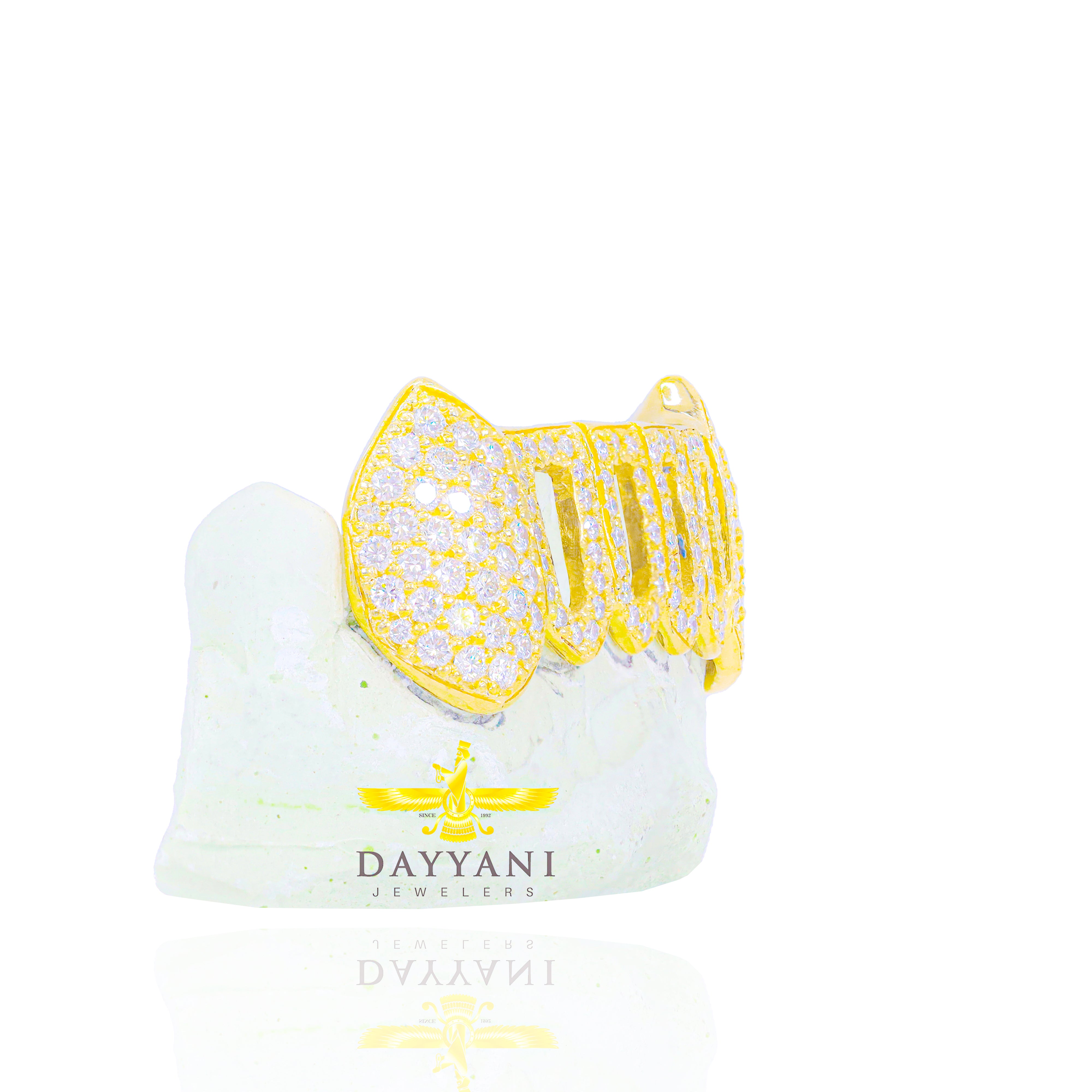 Custom Open Face Diamond w/ Diamond Extended Fangs Gold Grillz