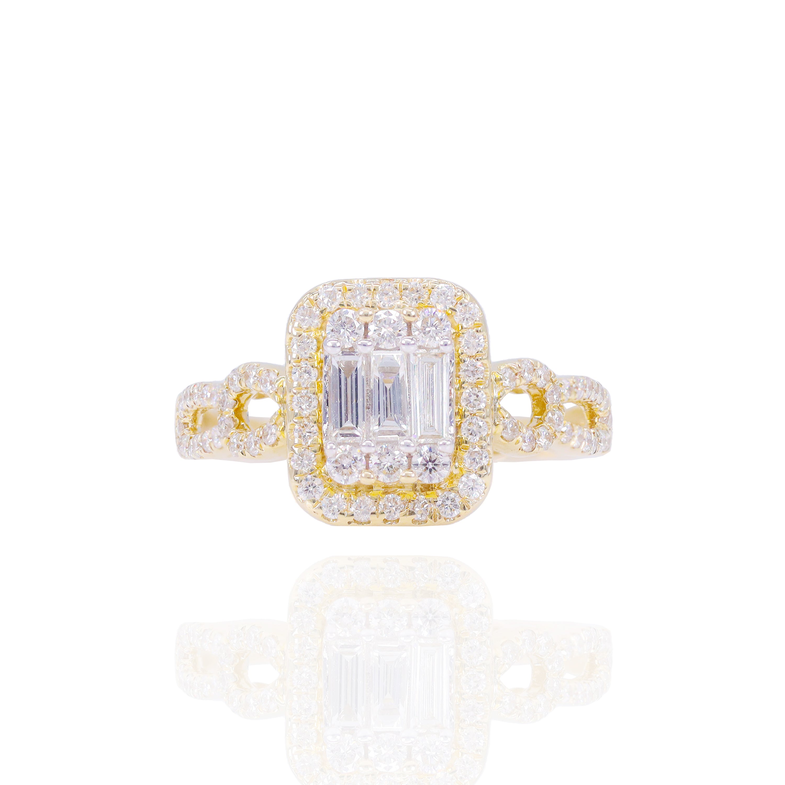 Emerald Shape Diamond Engagement Ring with Elongated Baguettes and Halo & Band