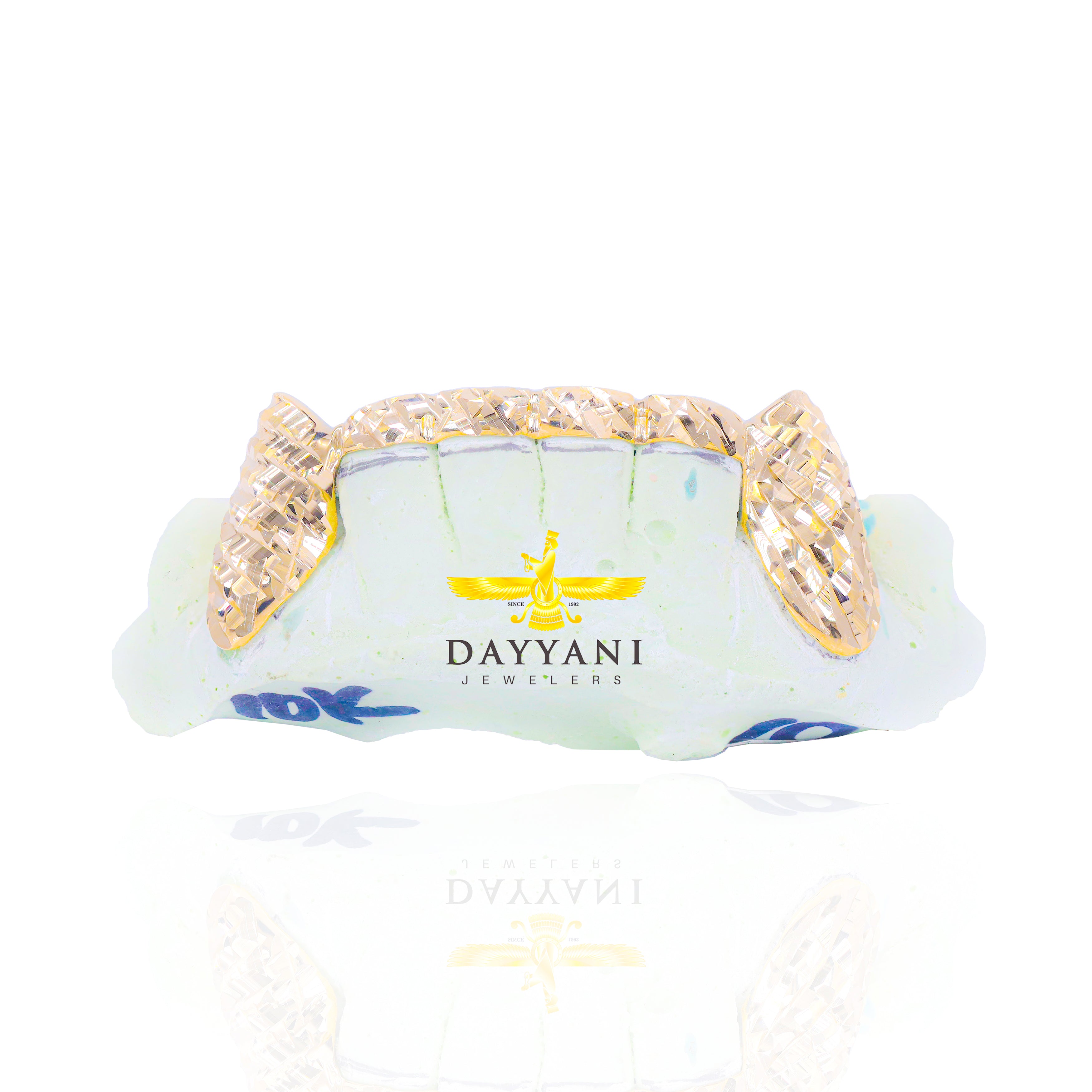 Custom 2 Teeth Extended with Bar with Trillion Cut Gold Grillz