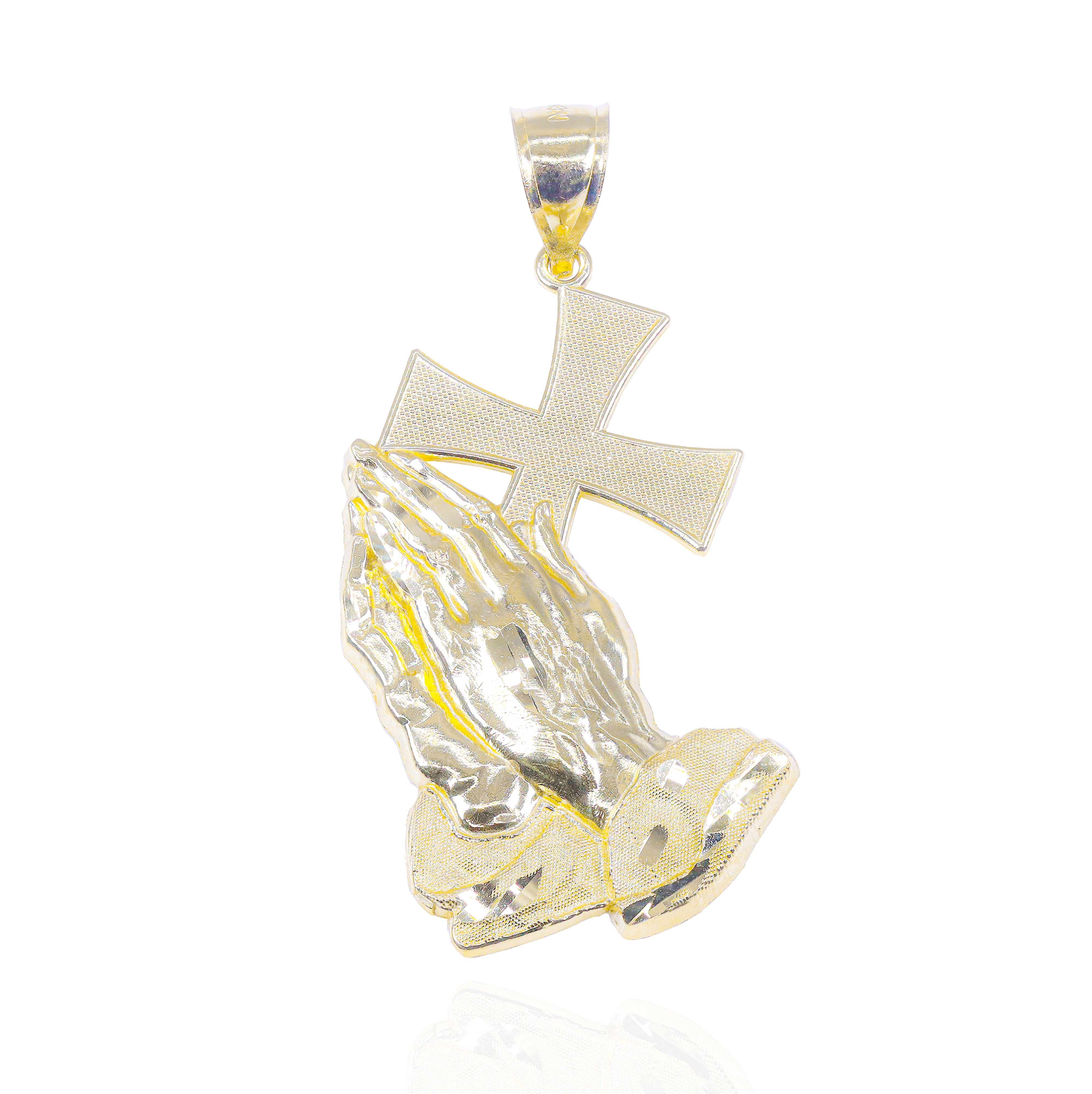 10KT Solid Gold Praying Hands Holding Cross Pendant
