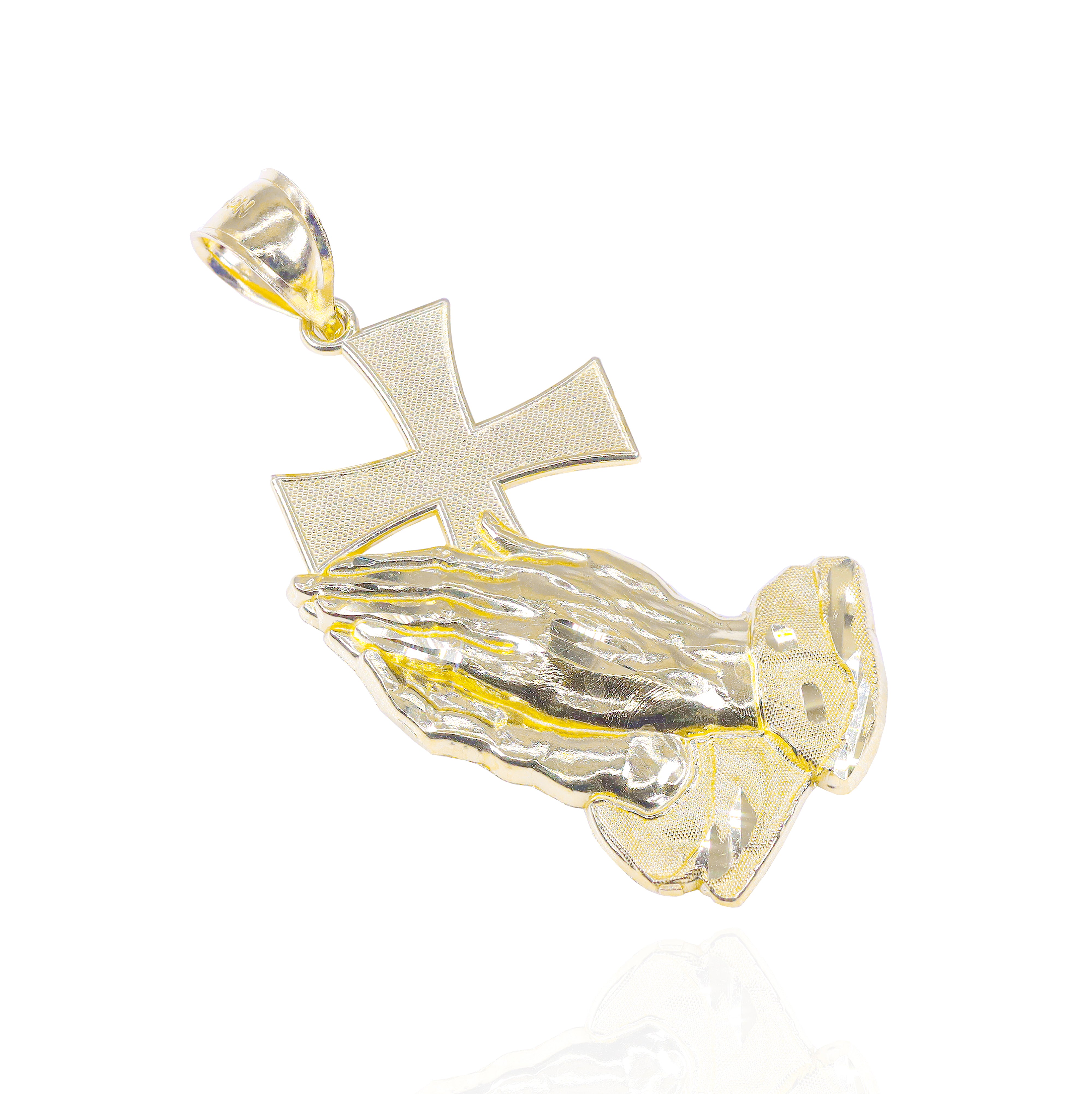 10KT Solid Gold Praying Hands Holding Cross Pendant