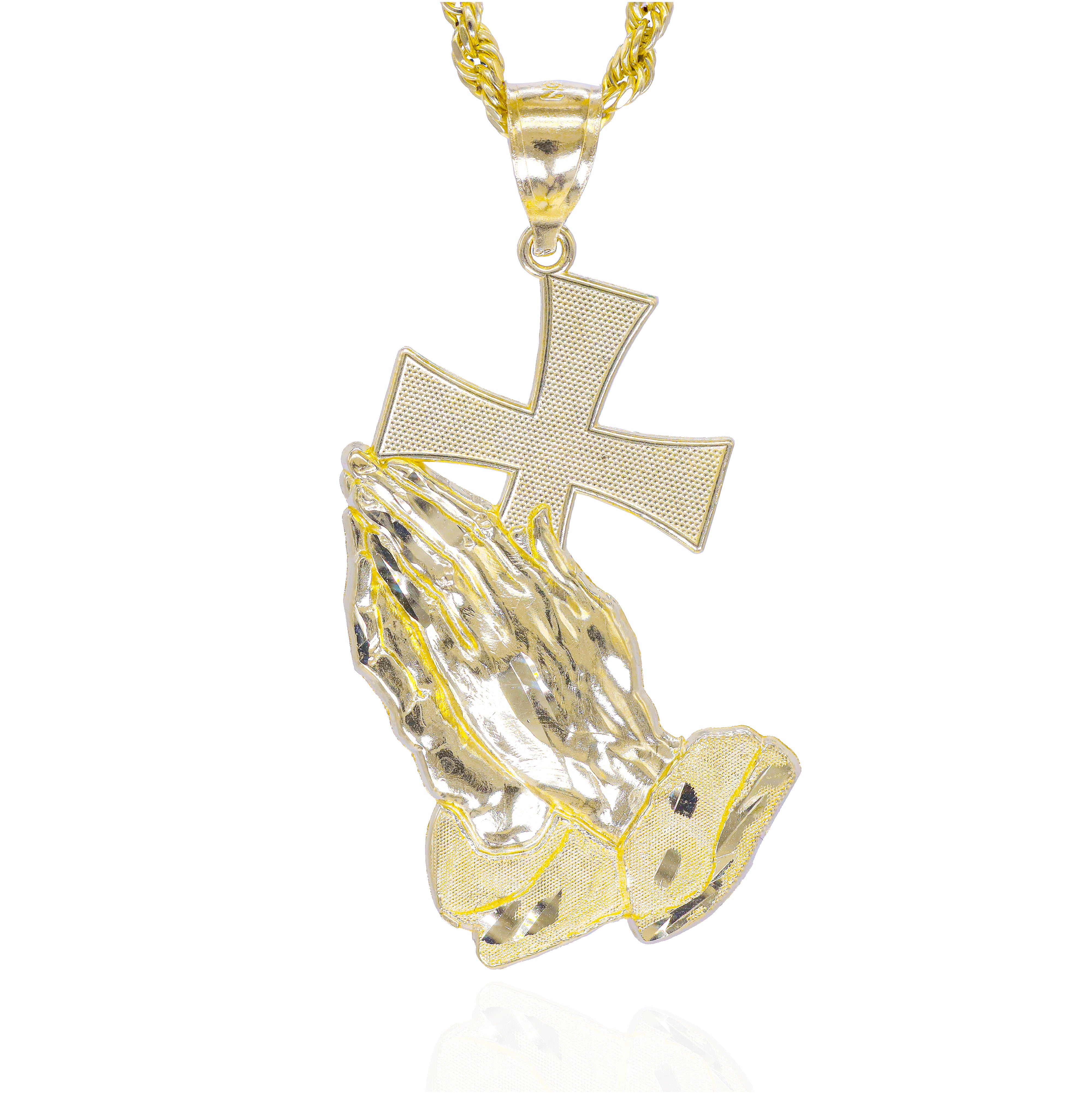 10KT Solid Gold Praying Hands Holding Cross Pendant