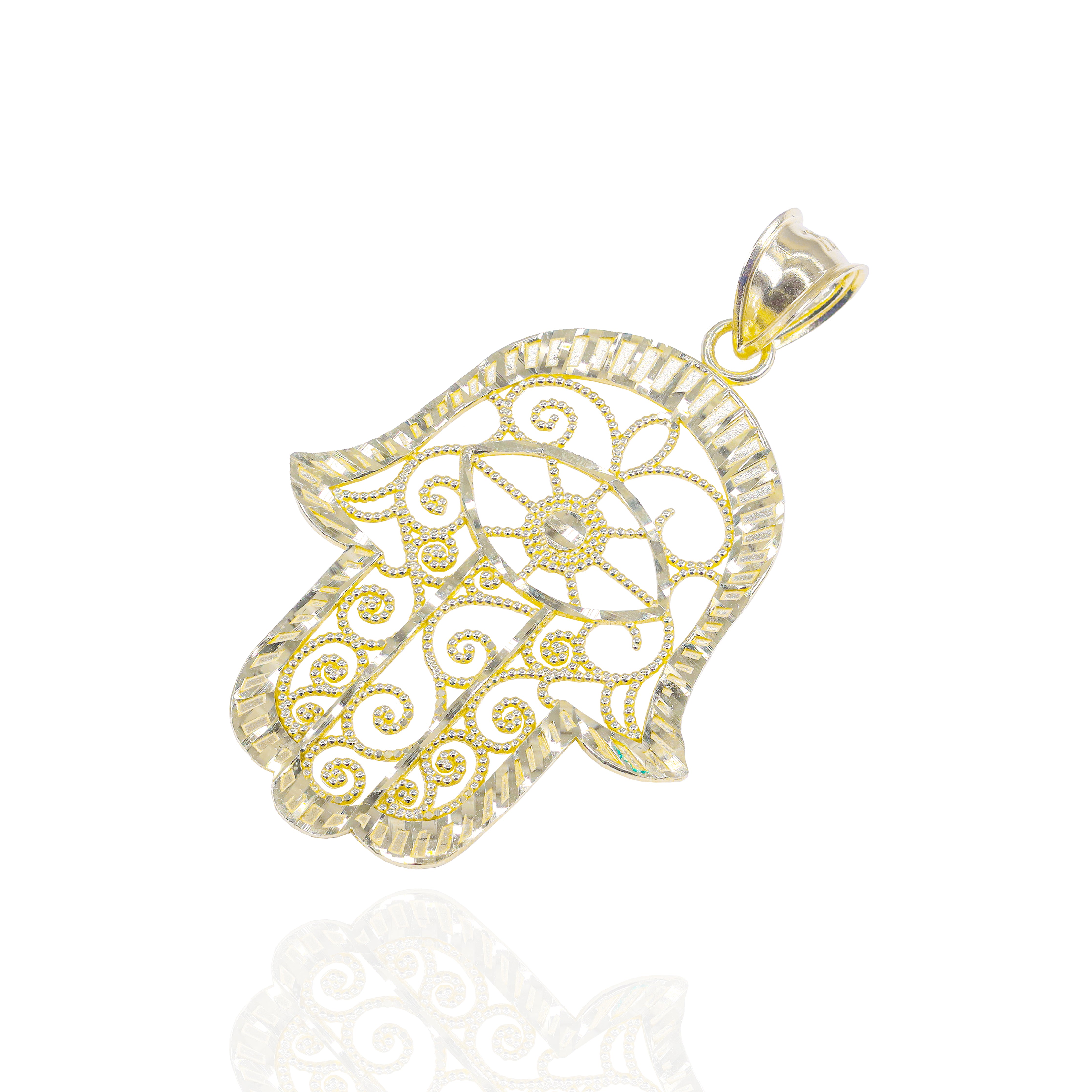 10KT Gold Diamond Cut Hamza Hand Pendant