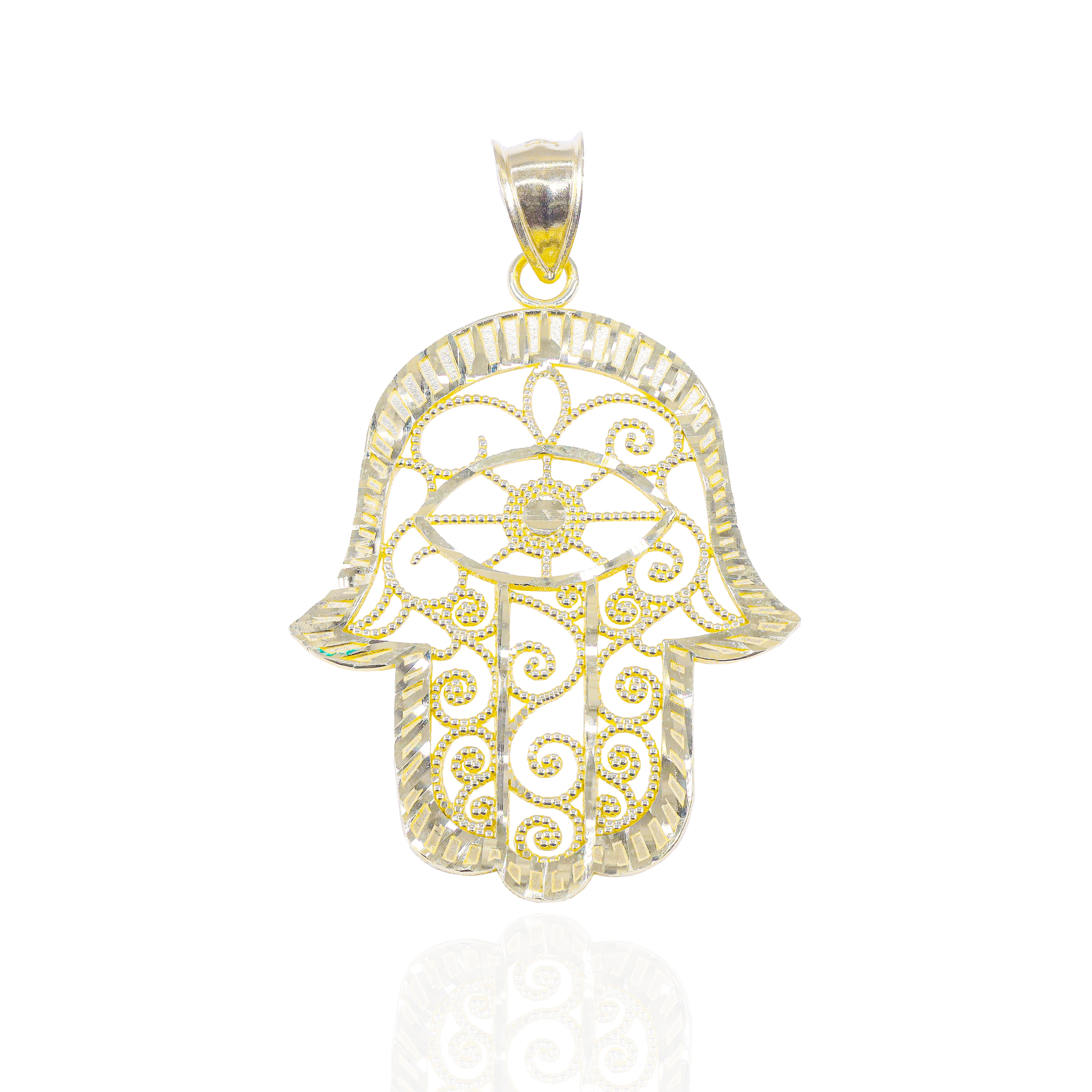 10KT Gold Diamond Cut Hamza Hand Pendant
