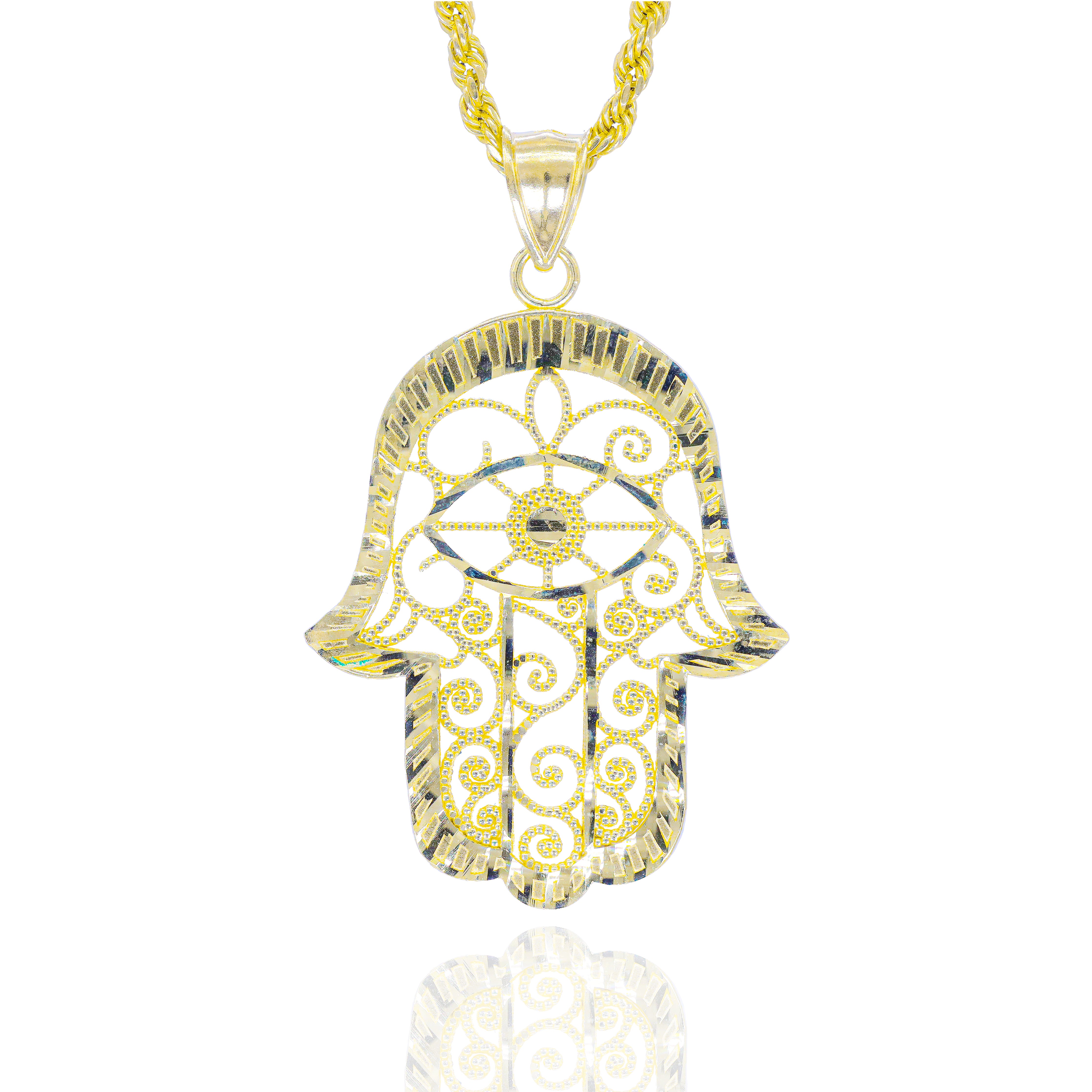 10KT Gold Diamond Cut Hamza Hand Pendant