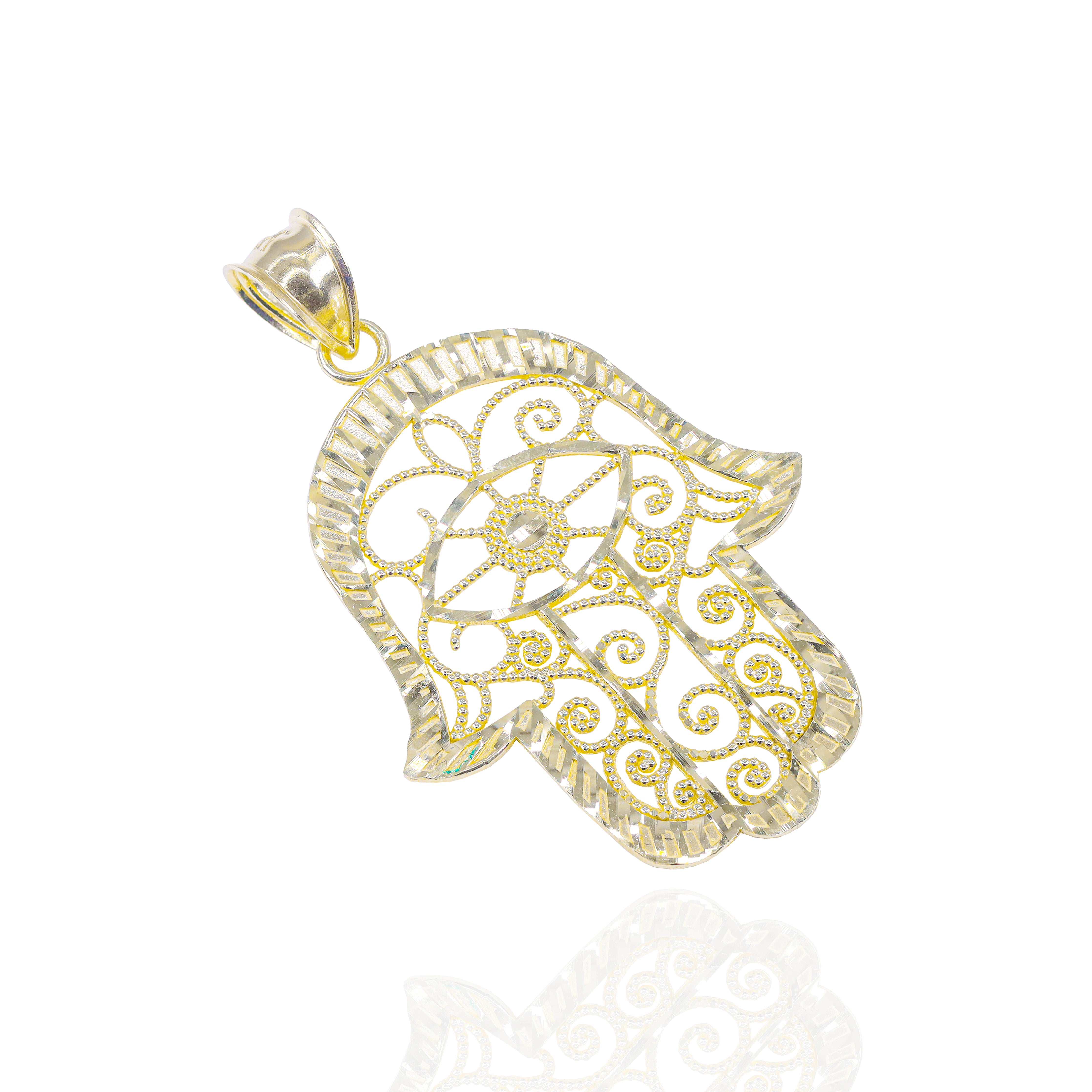 10KT Gold Diamond Cut Hamza Hand Pendant