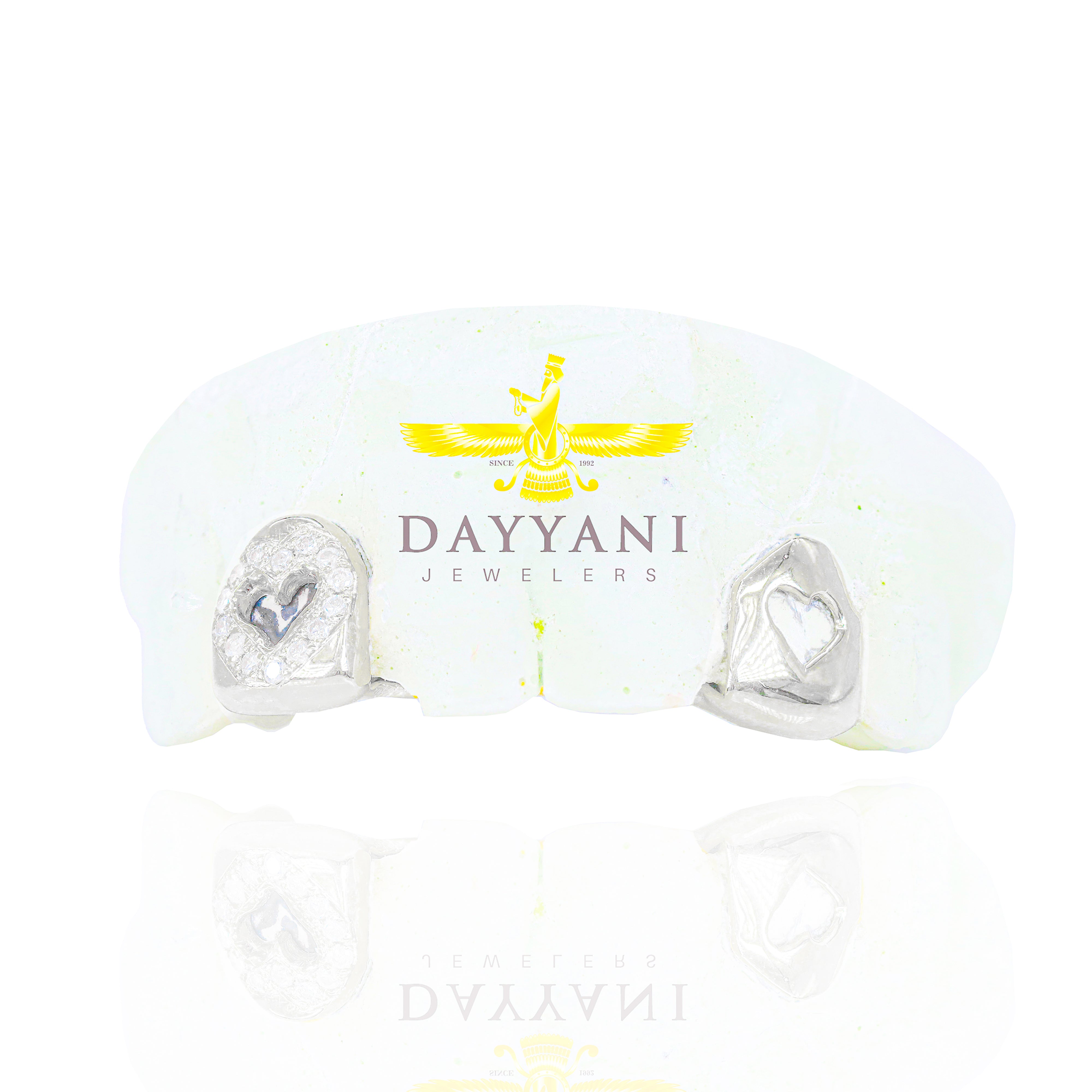 Custom 2 Teeth Incisors (1 Solid:1 Diamond) Open Face Heart Gold Grillz with Back Bar