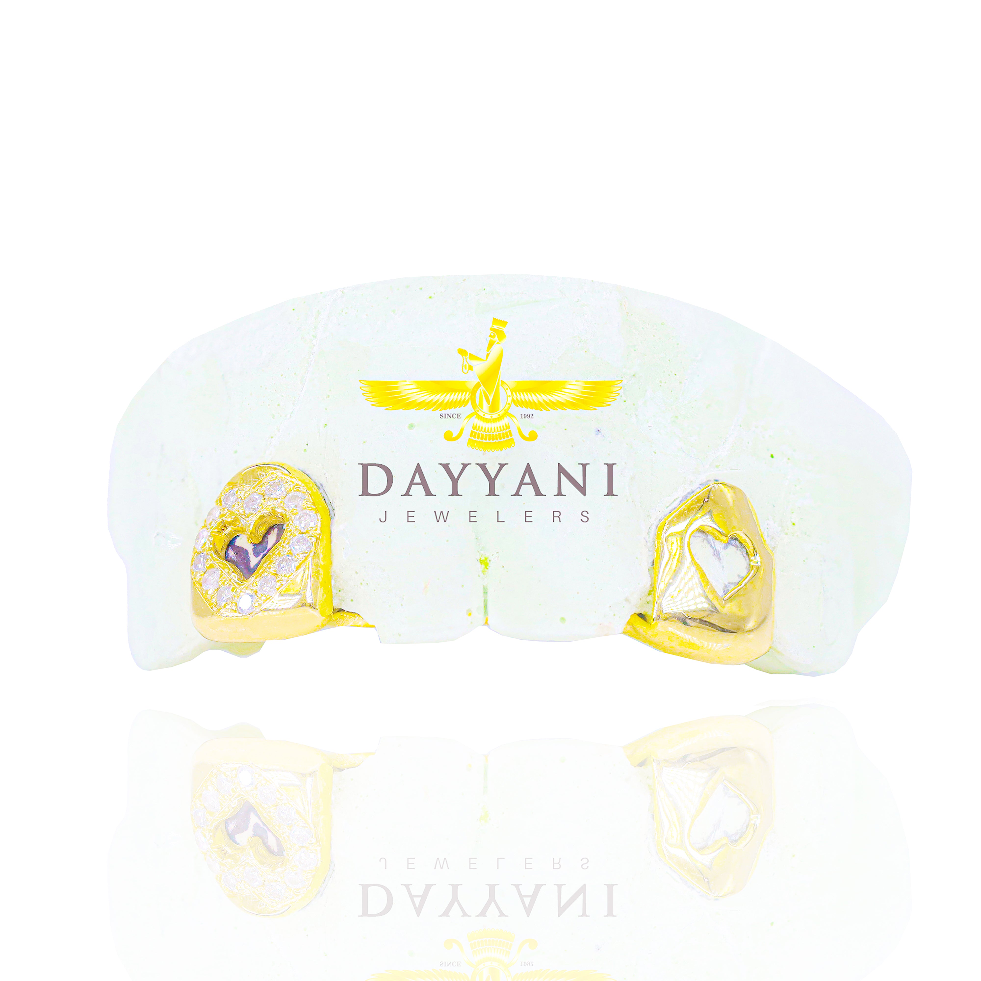 Custom 2 Teeth Incisors (1 Solid:1 Diamond) Open Face Heart Gold Grillz with Back Bar