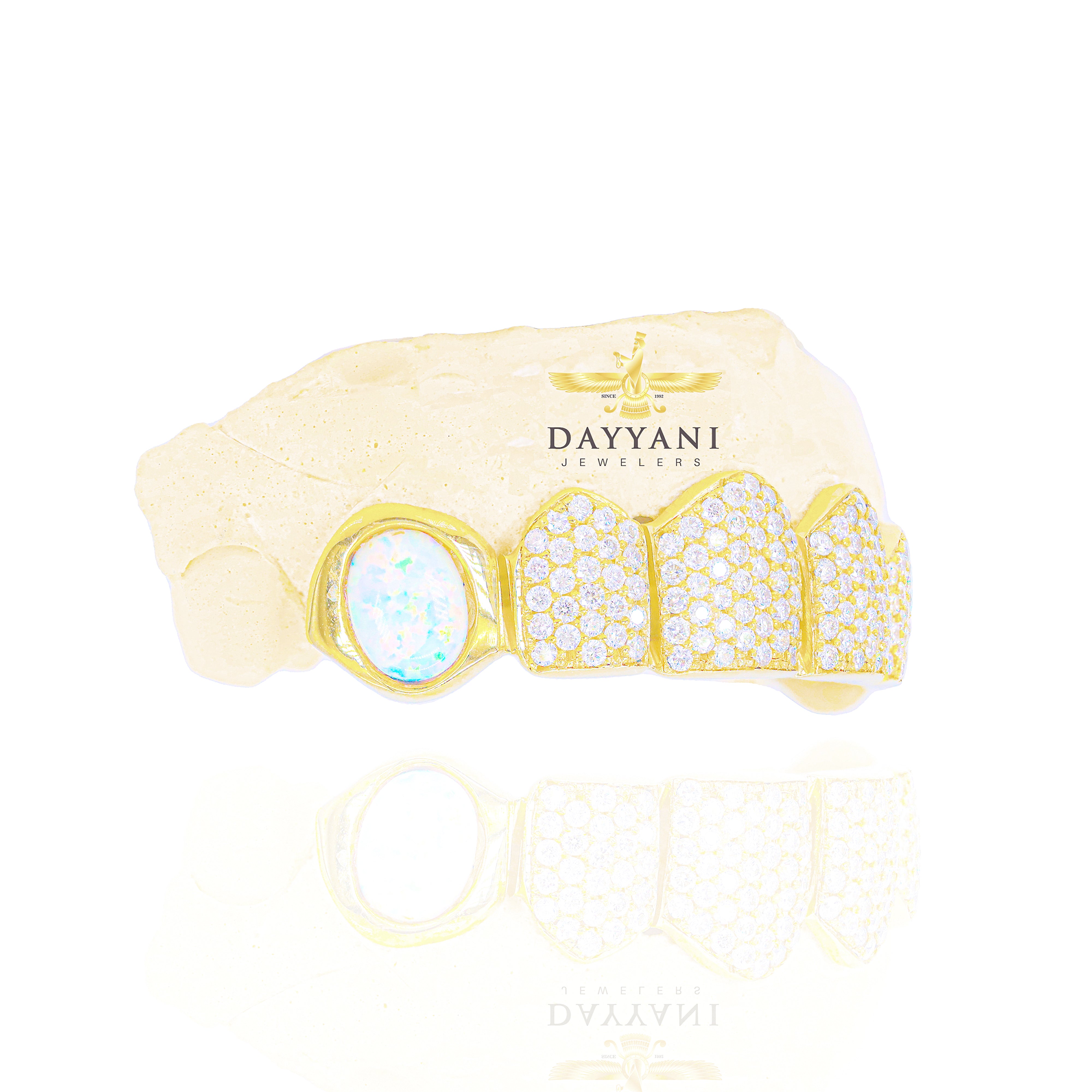 Custom 4 Middle Diamond & Opal Fangs Gold Grillz