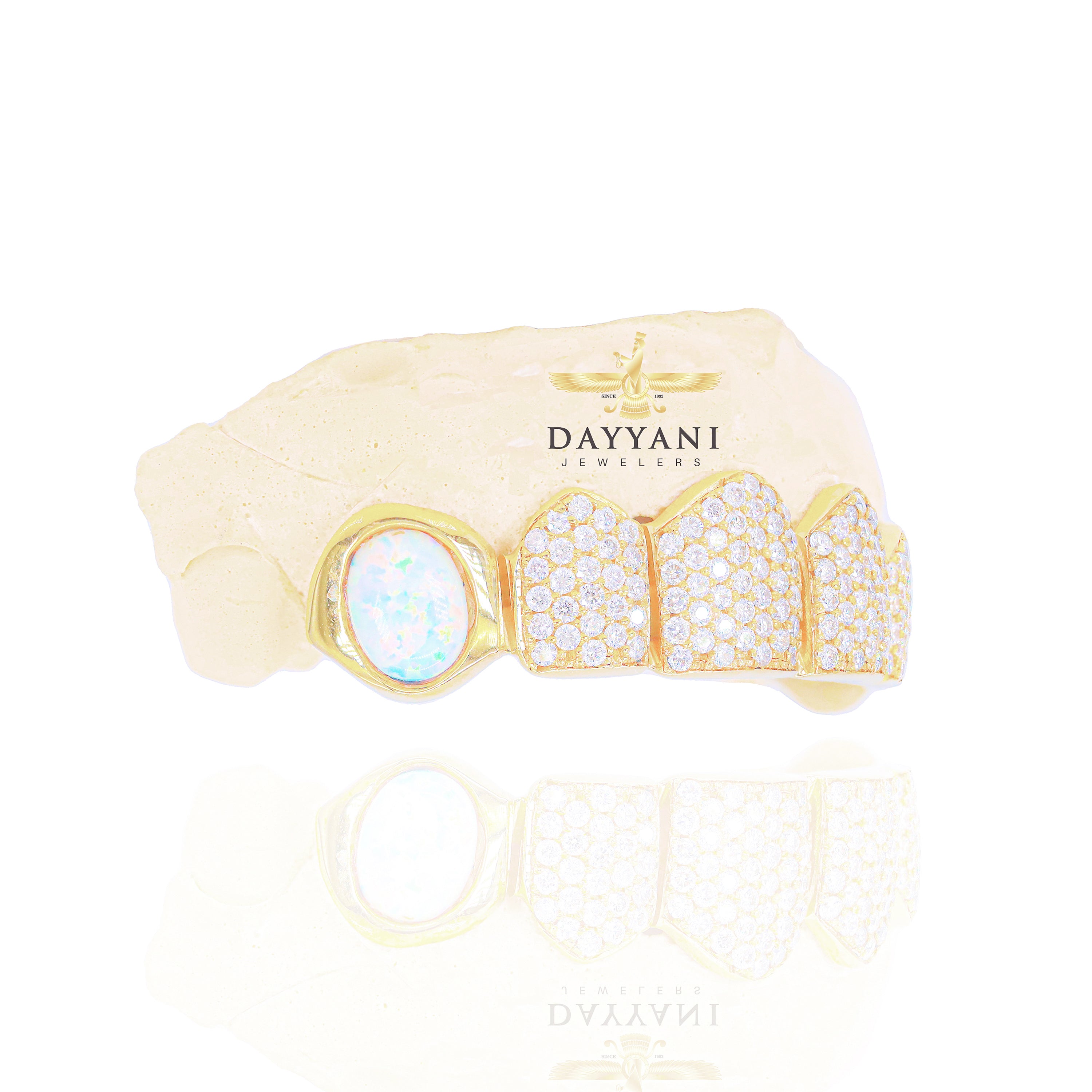 Custom 4 Middle Diamond & Opal Fangs Gold Grillz
