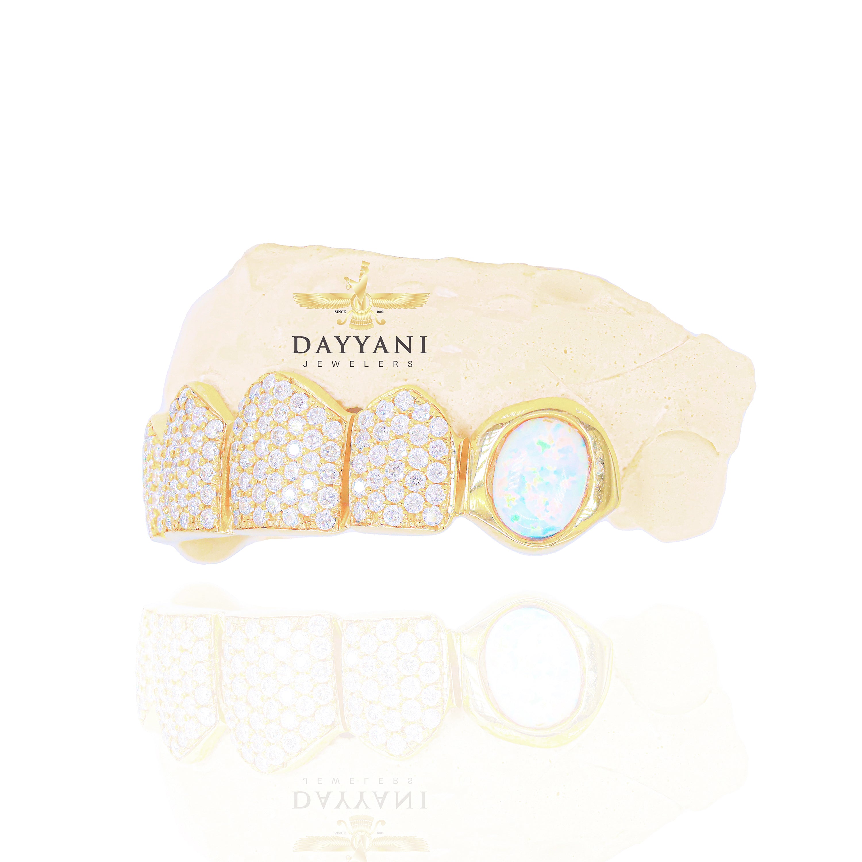 Custom 4 Middle Diamond & Opal Fangs Gold Grillz