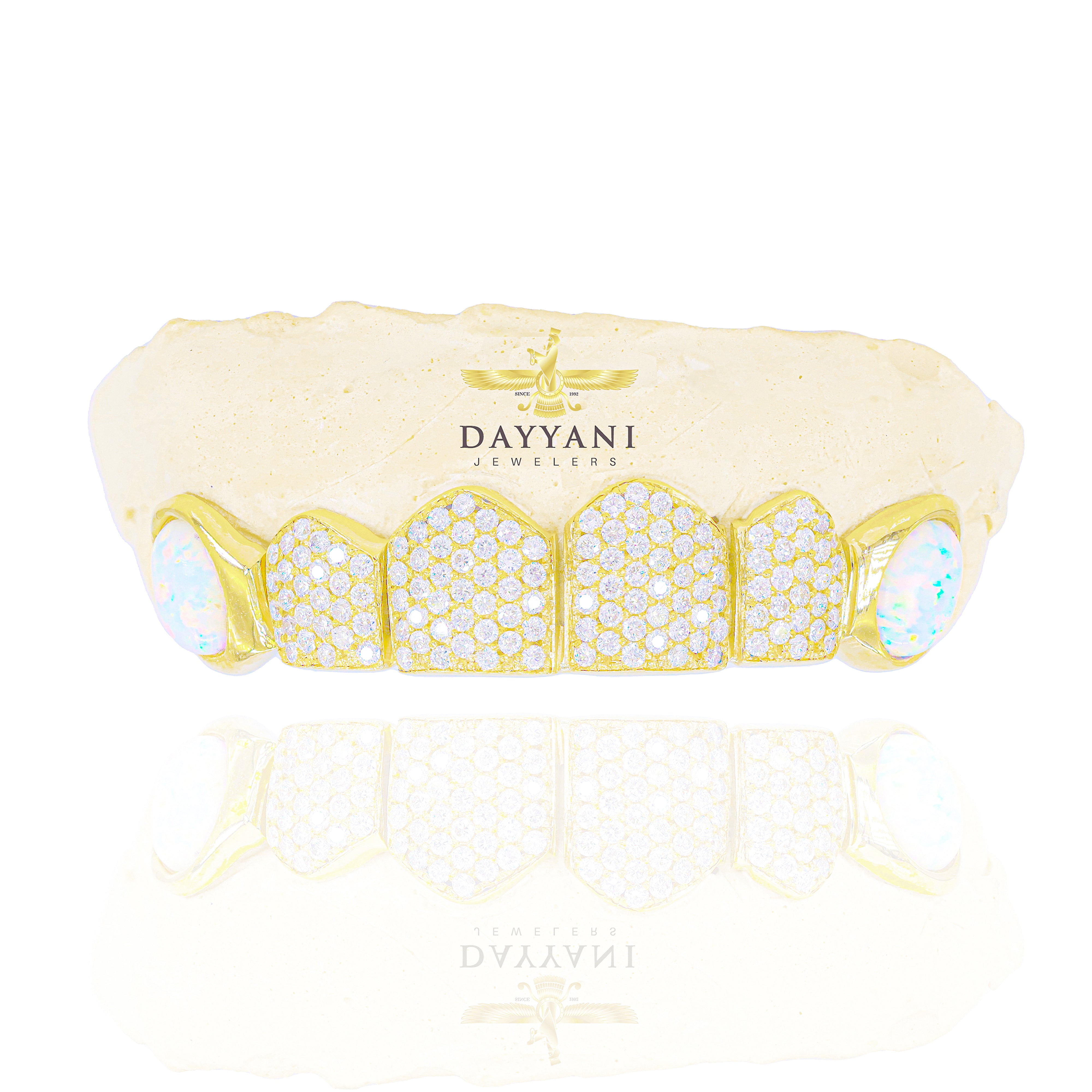 Custom 4 Middle Diamond & Opal Fangs Gold Grillz