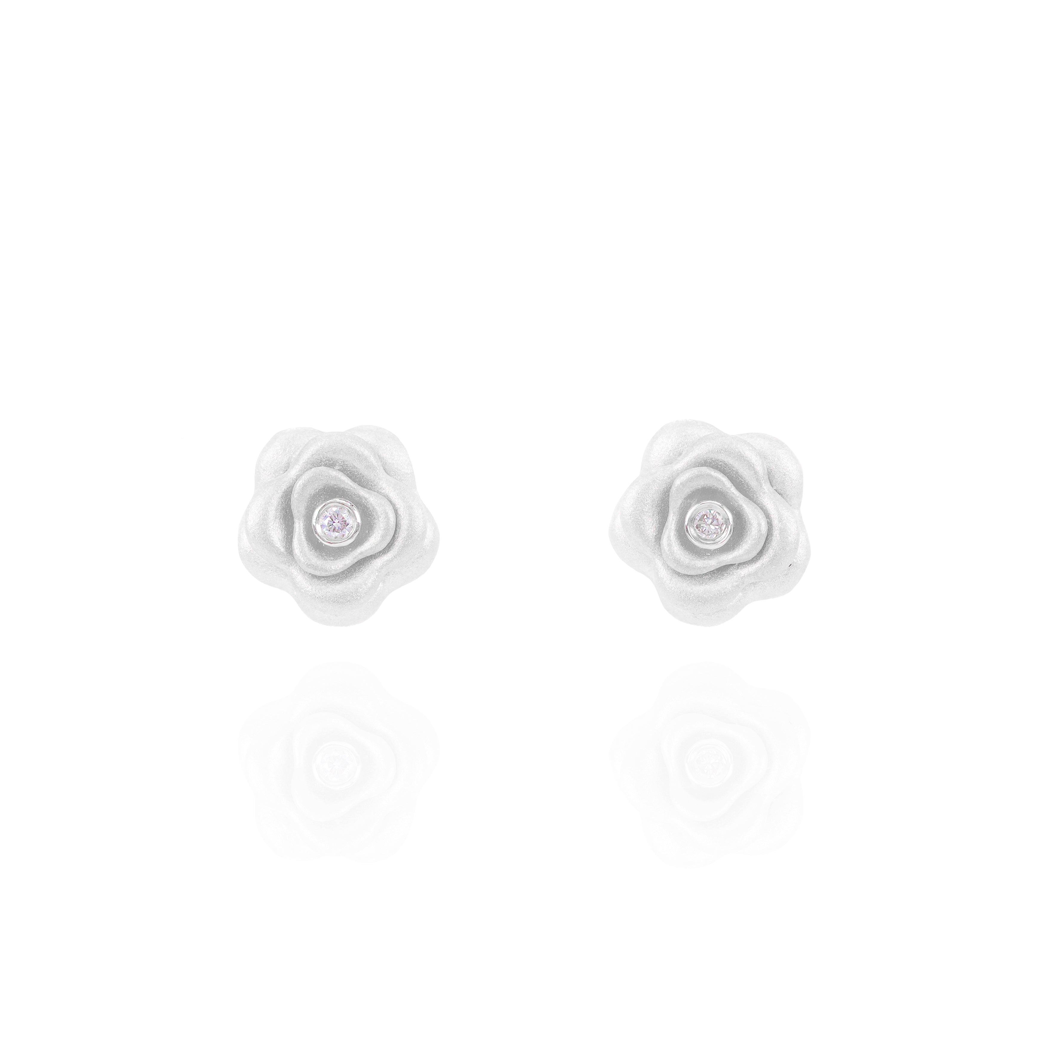 Satin Gold Rose Flower Diamond Earrings