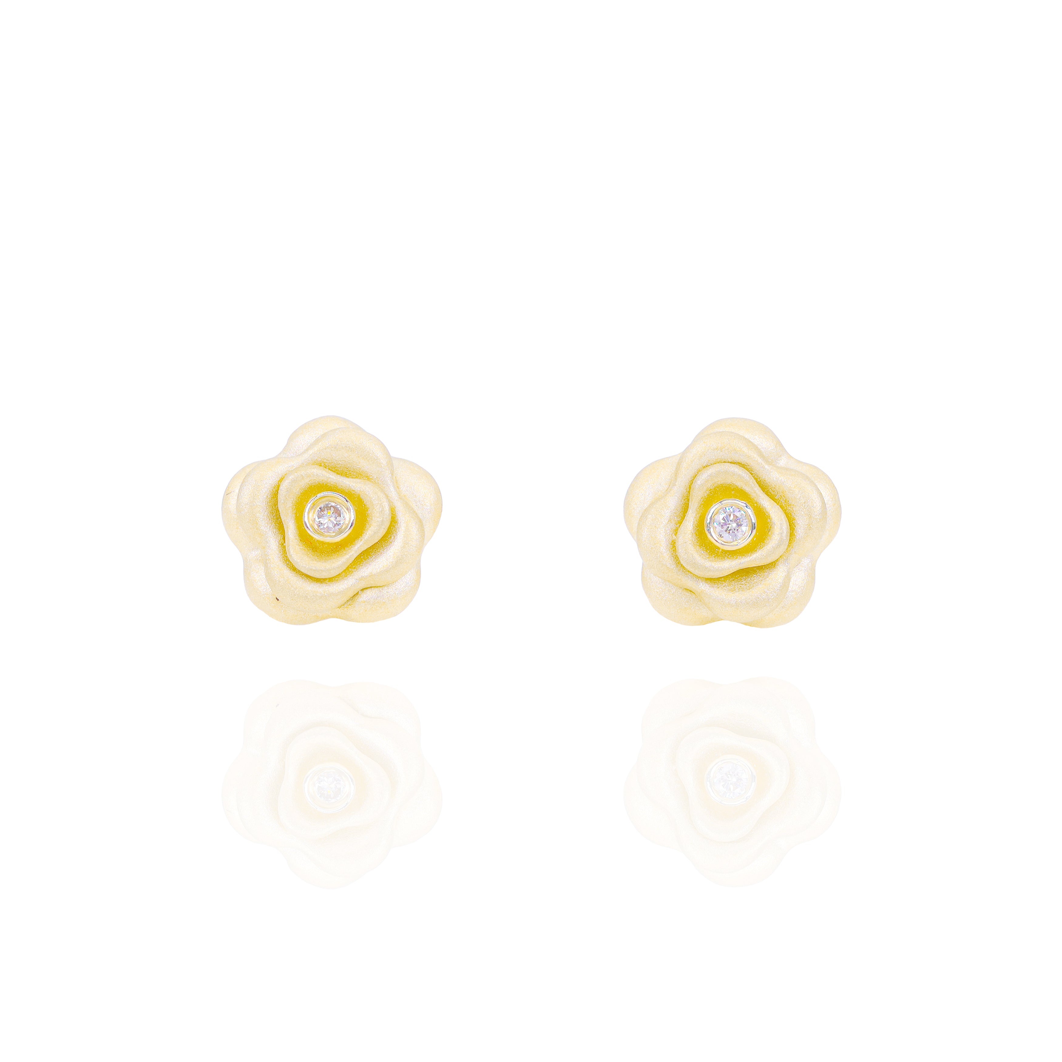 Satin Gold Rose Flower Diamond Earrings