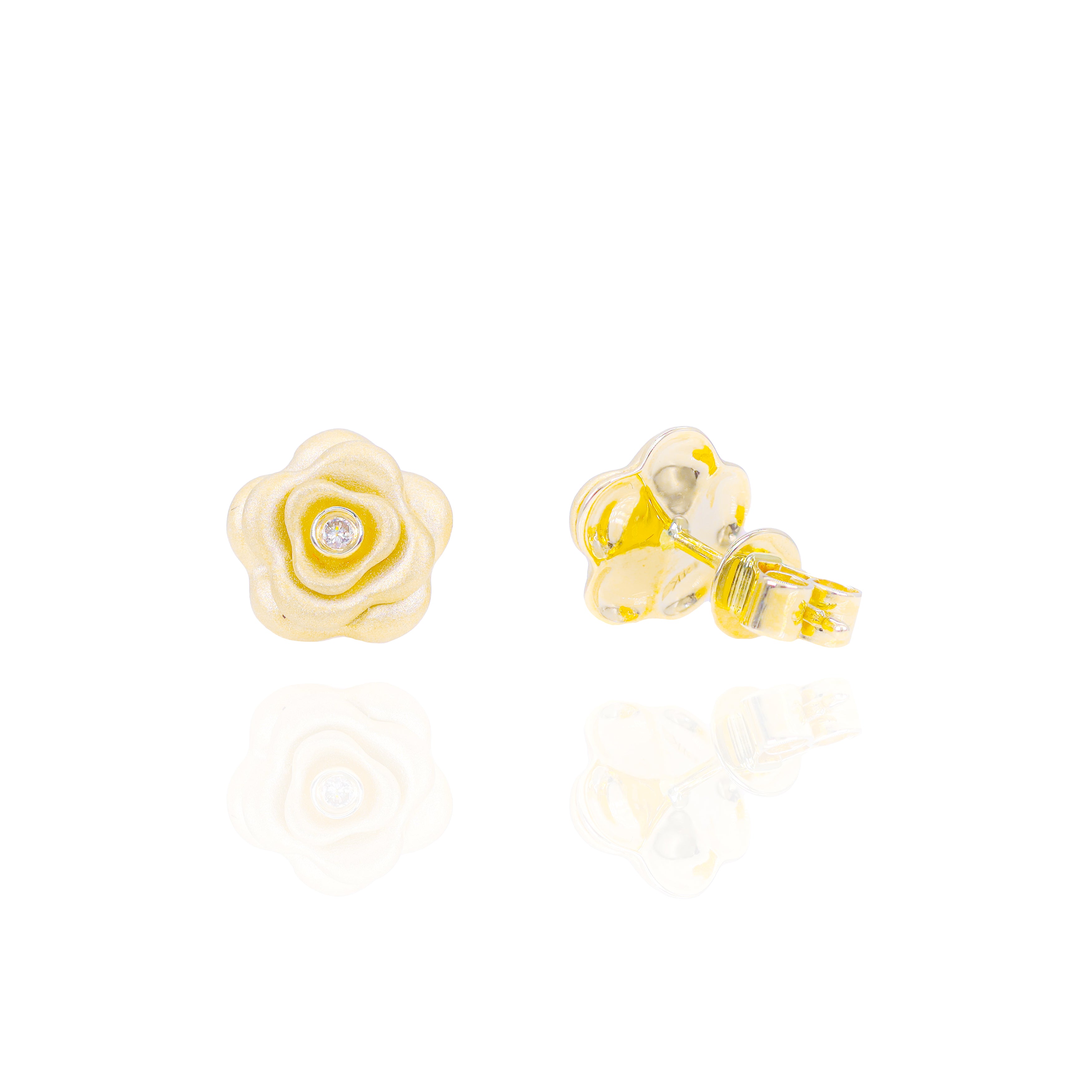 Satin Gold Rose Flower Diamond Earrings