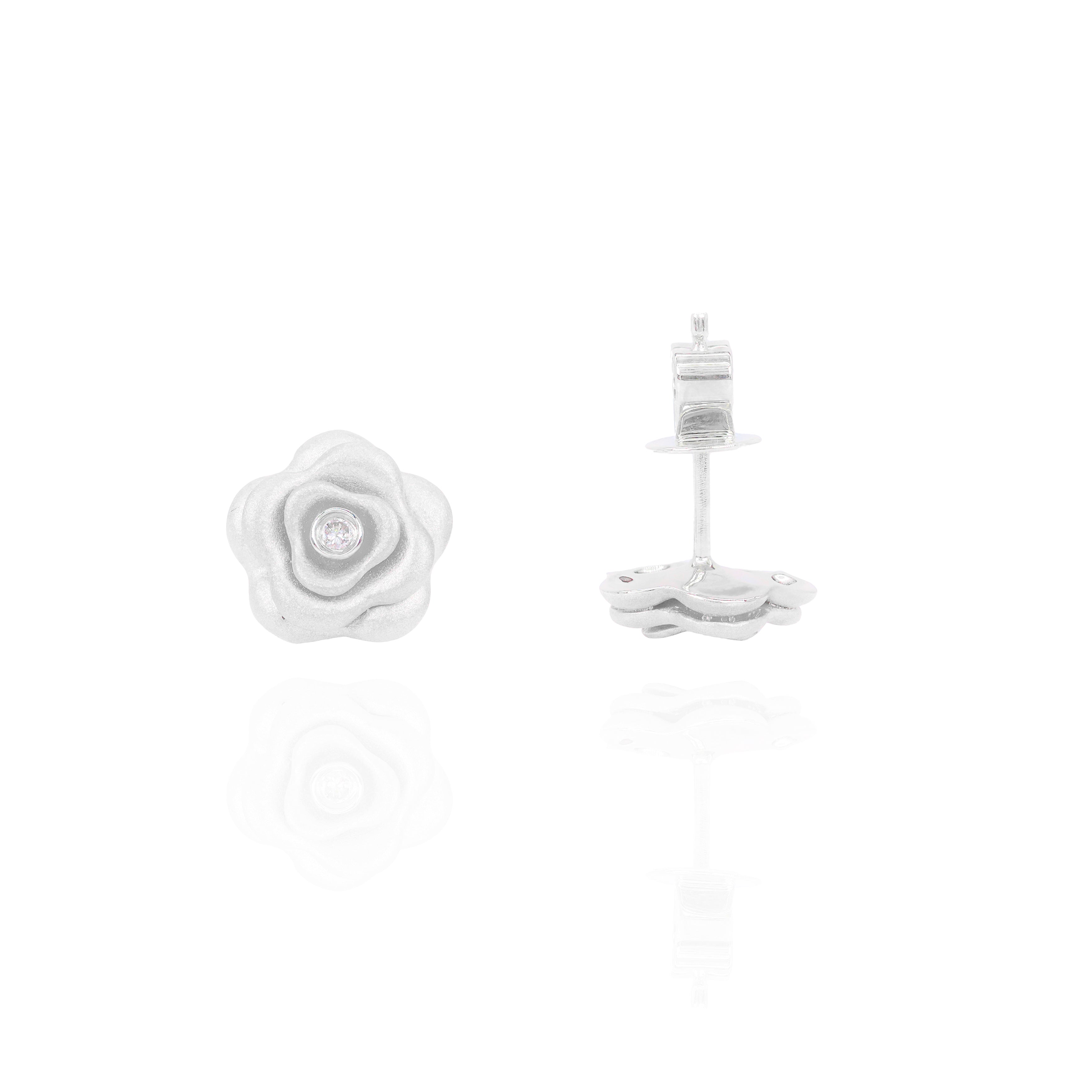 Satin Gold Rose Flower Diamond Earrings