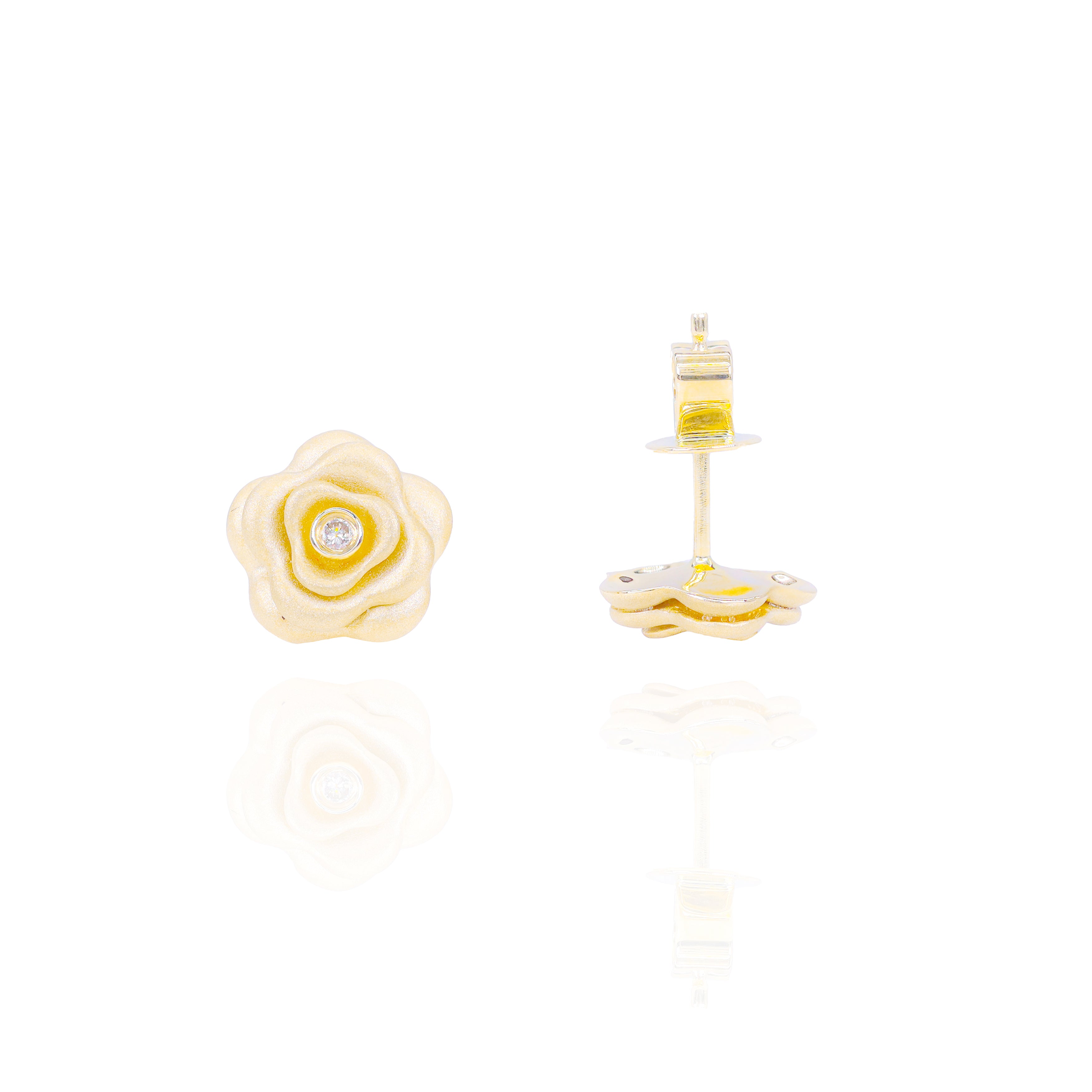 Satin Gold Rose Flower Diamond Earrings