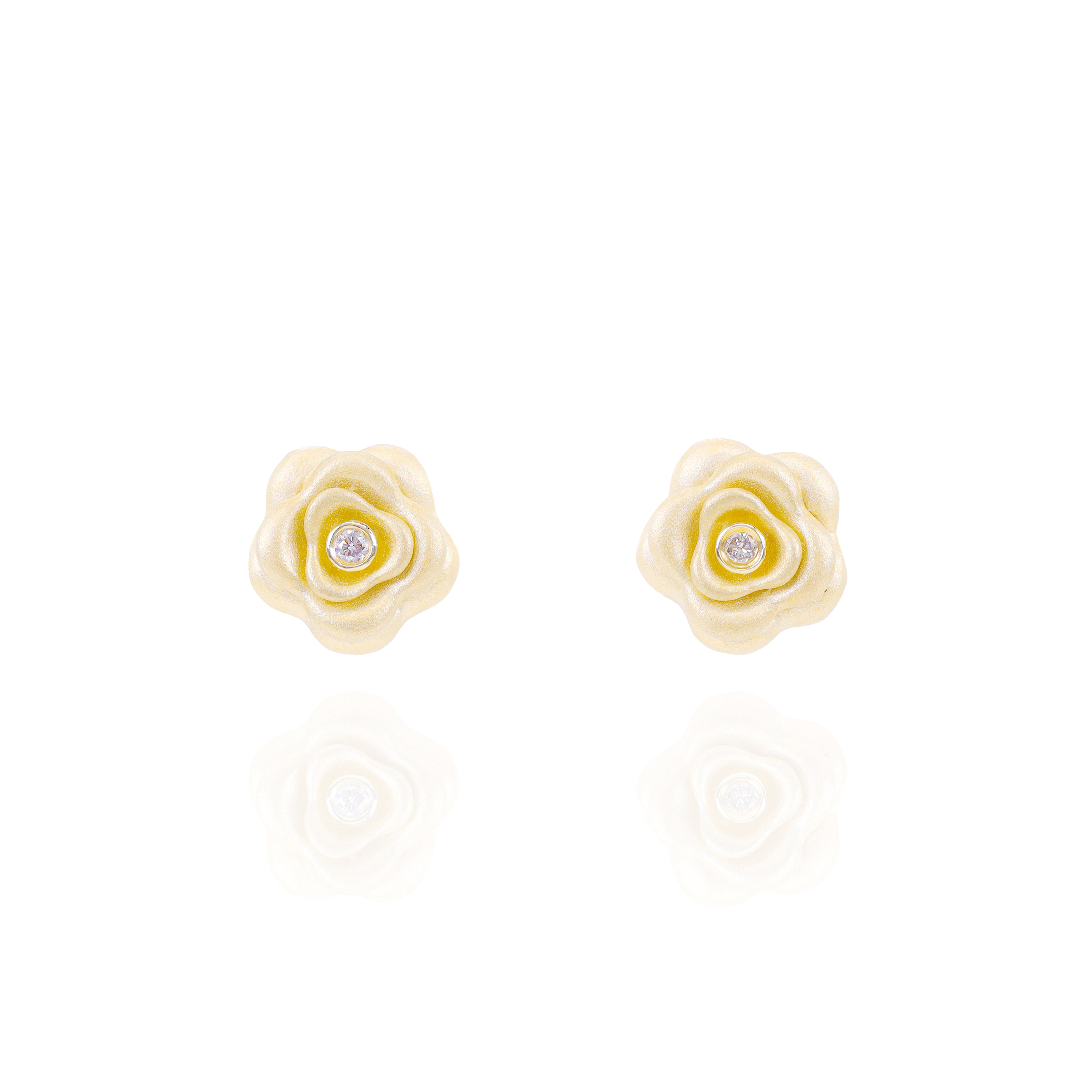 Satin Gold Rose Flower Diamond Earrings
