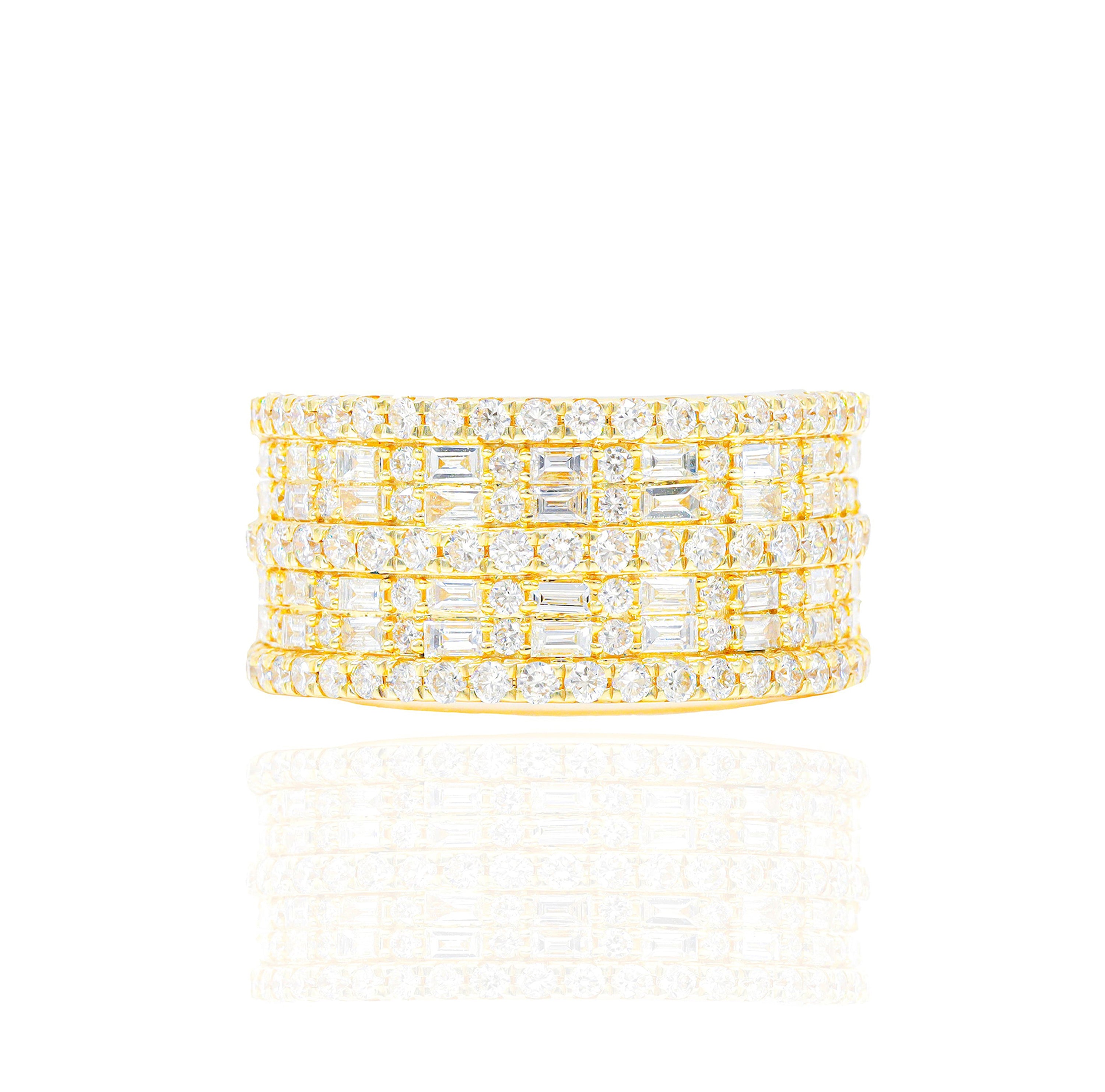4 Row Baguette Diamond Ring w/ Round Diamond Borders