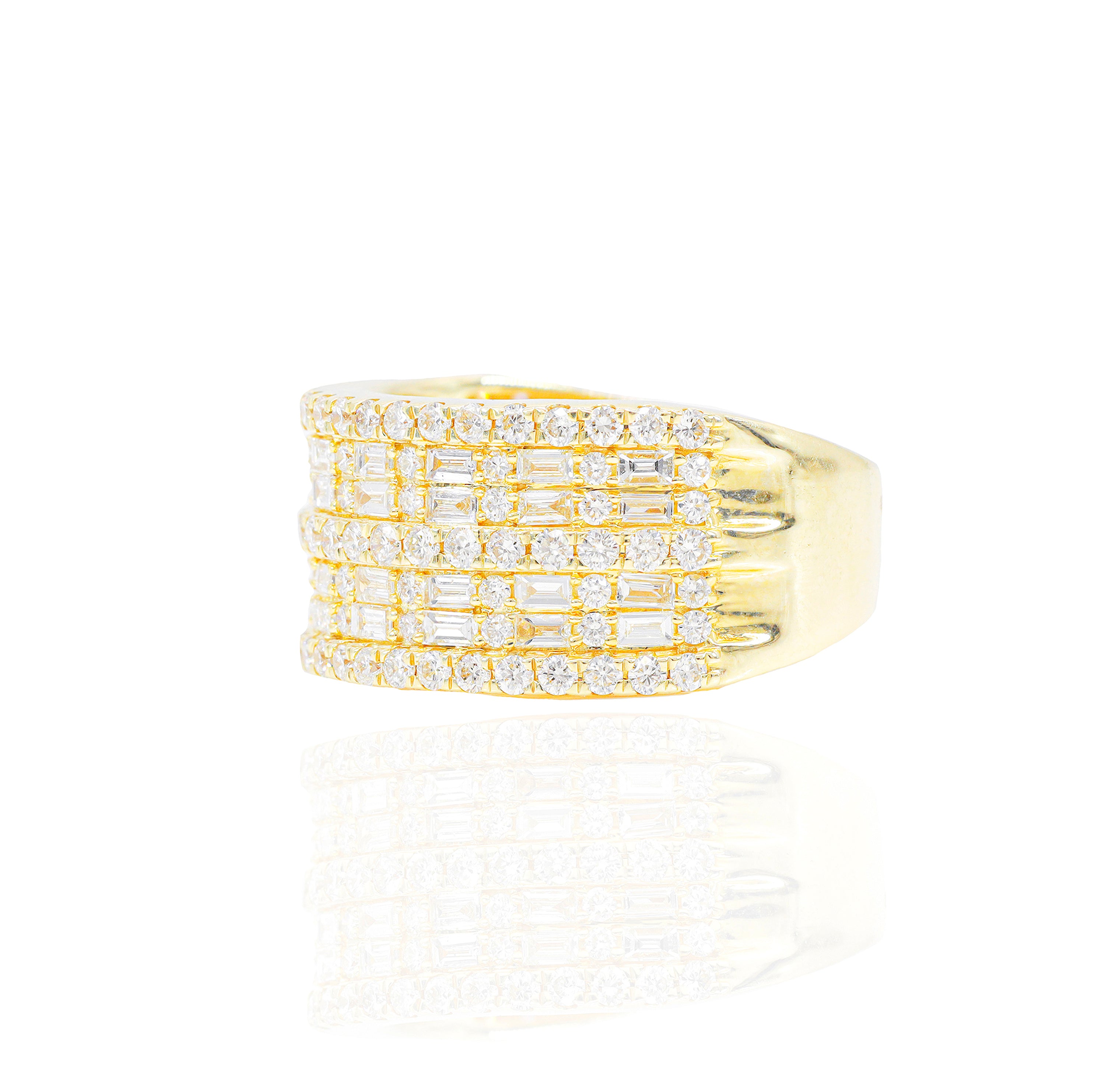 4 Row Baguette Diamond Ring w/ Round Diamond Borders