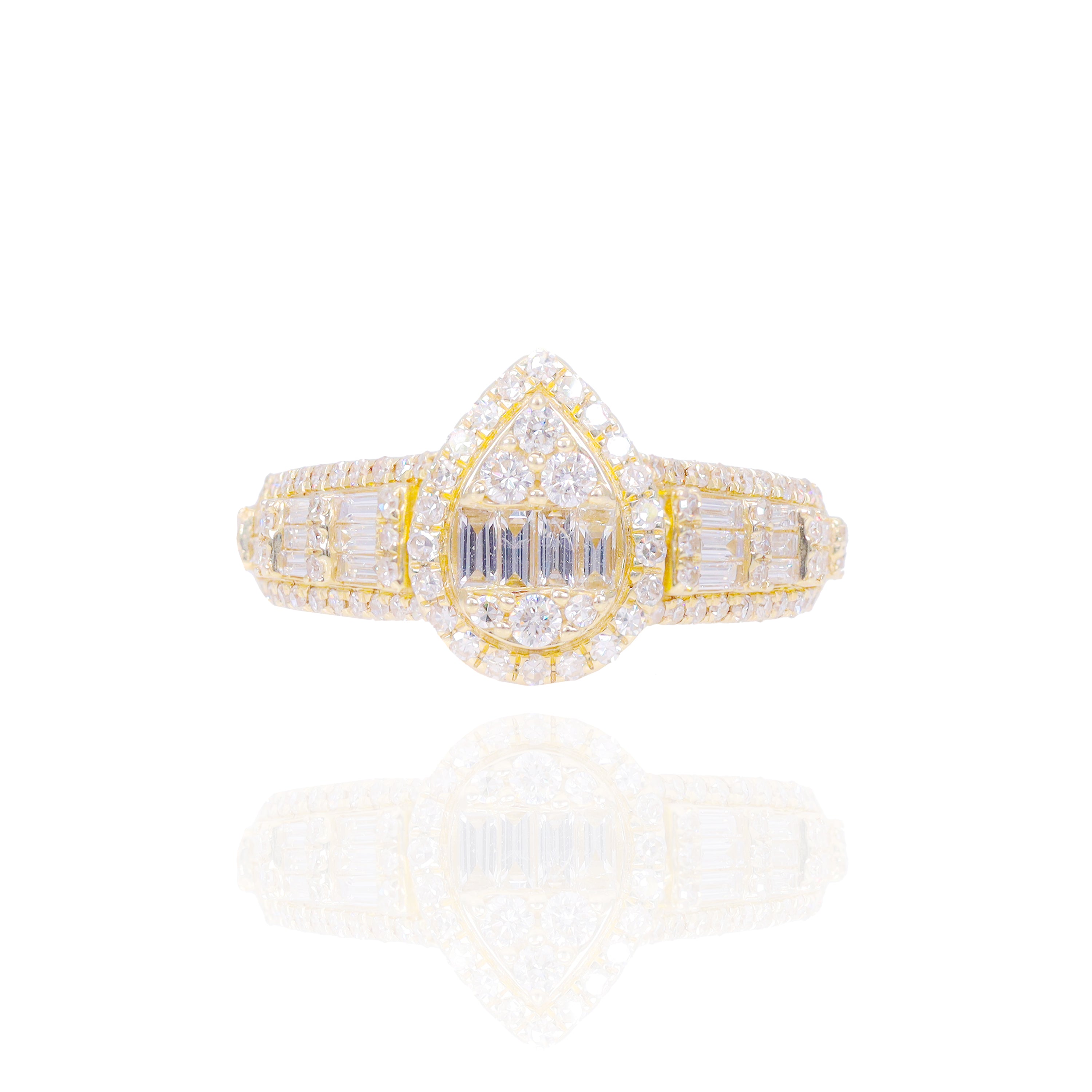 Pear Shape Halo Diamond Engagement Ring w/ Baguettes & Men's Band (Trio-Set)