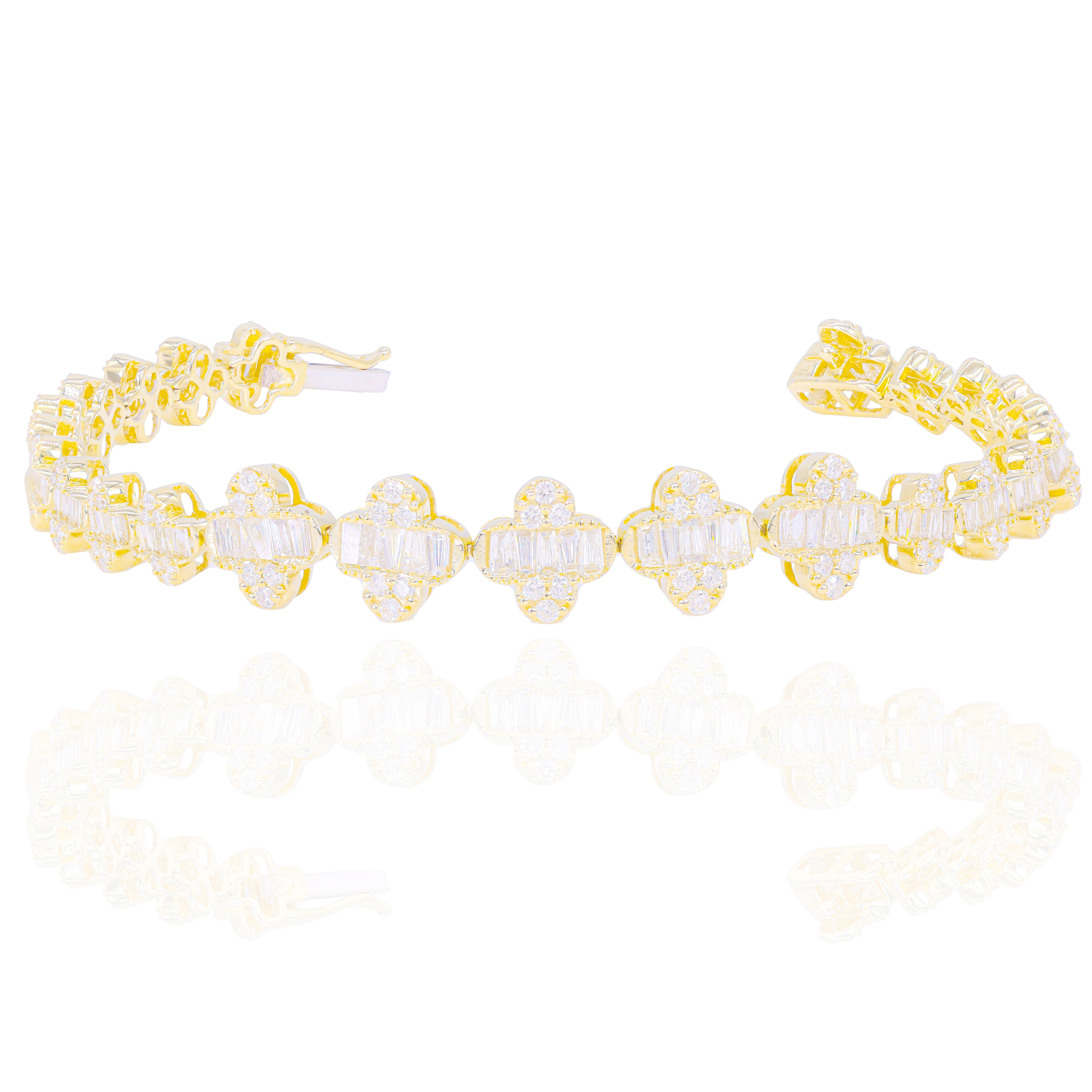 Clover Shaped Baguette & Round Diamond Bracelet