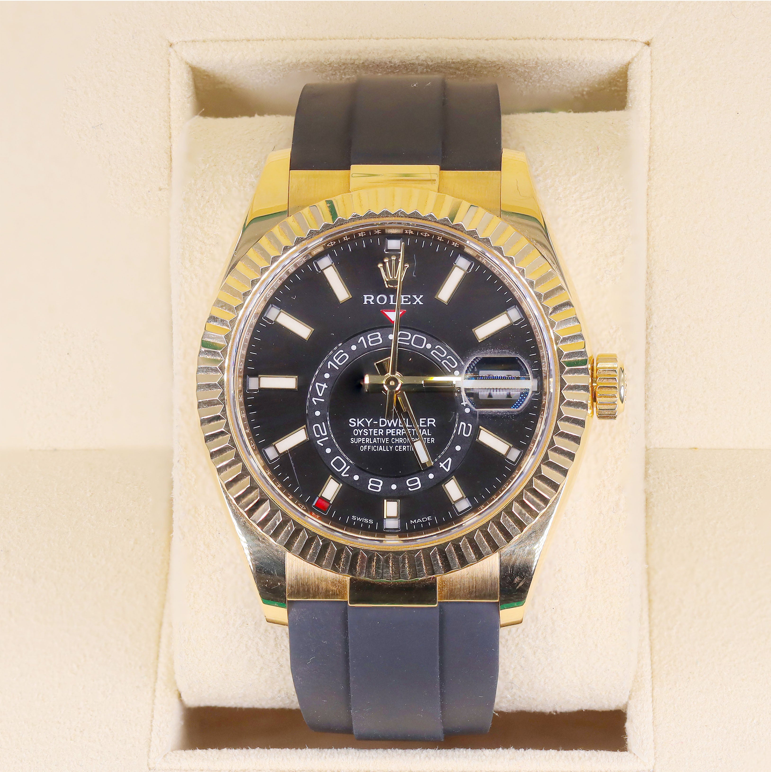 Rolex 326238 Sky Dweller Black Dial 18KT Yellow Gold Oysterflex Rubber Strap