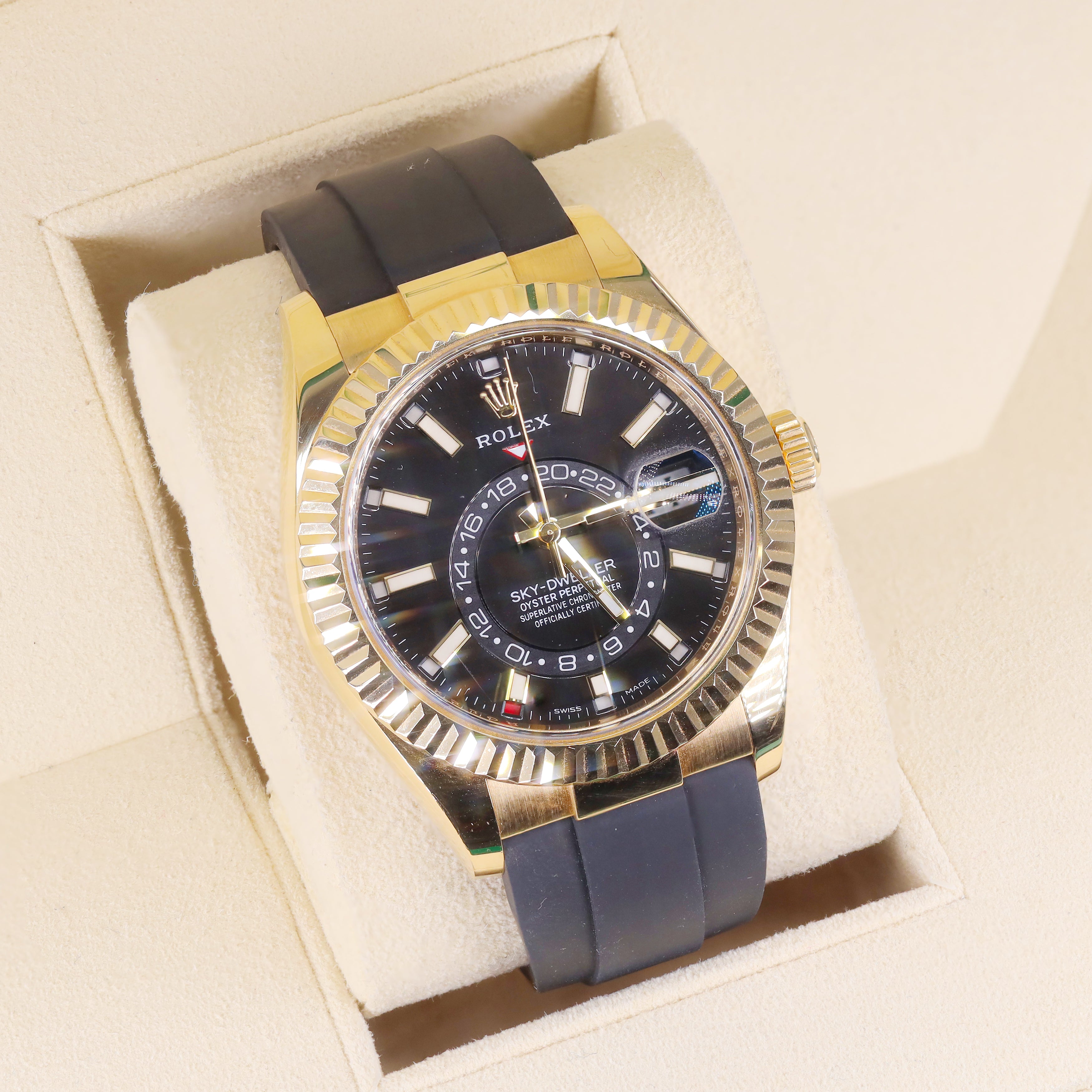 Rolex 326238 Sky Dweller Black Dial 18KT Yellow Gold Oysterflex Rubber Strap