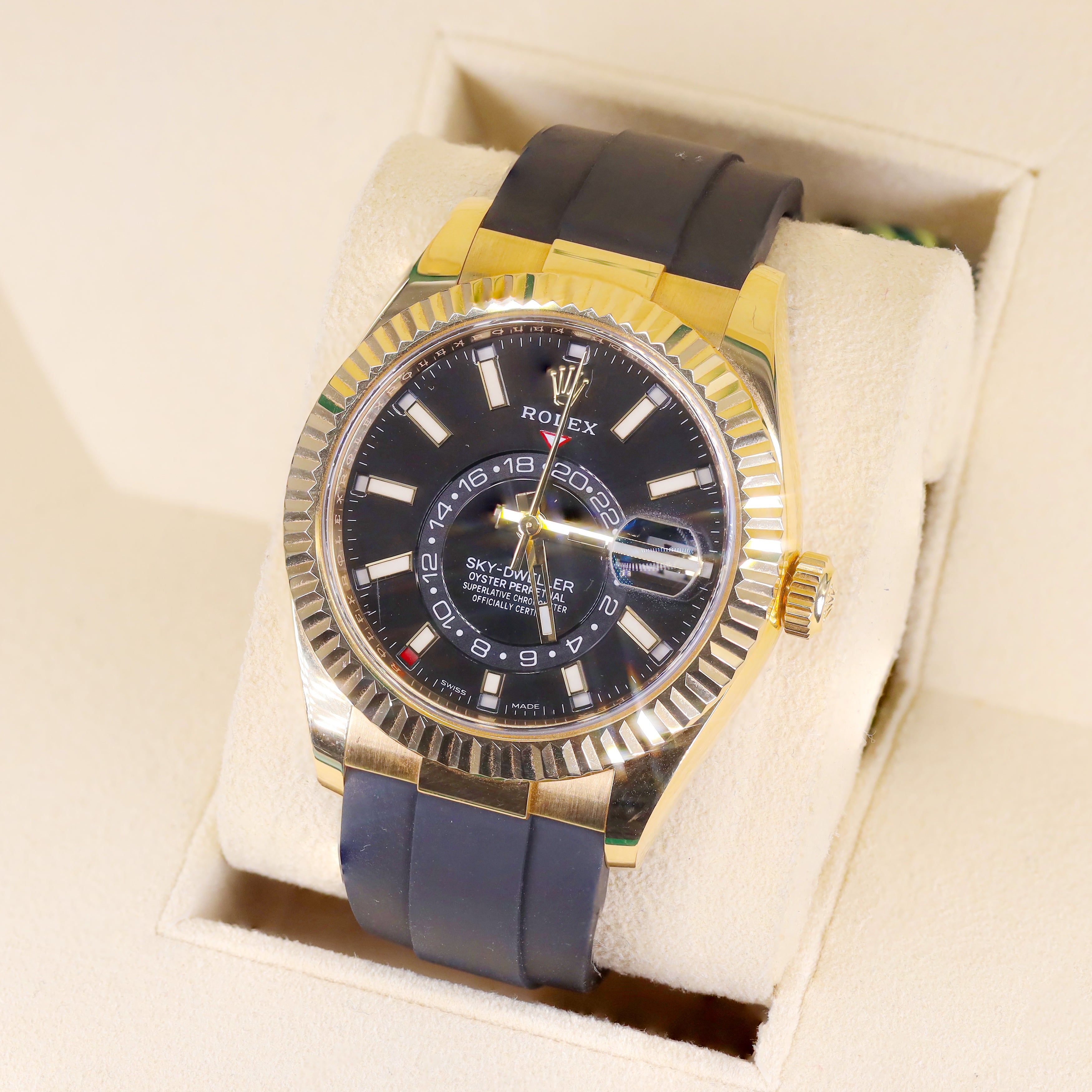Rolex 326238 Sky Dweller Black Dial 18KT Yellow Gold Oysterflex Rubber Strap