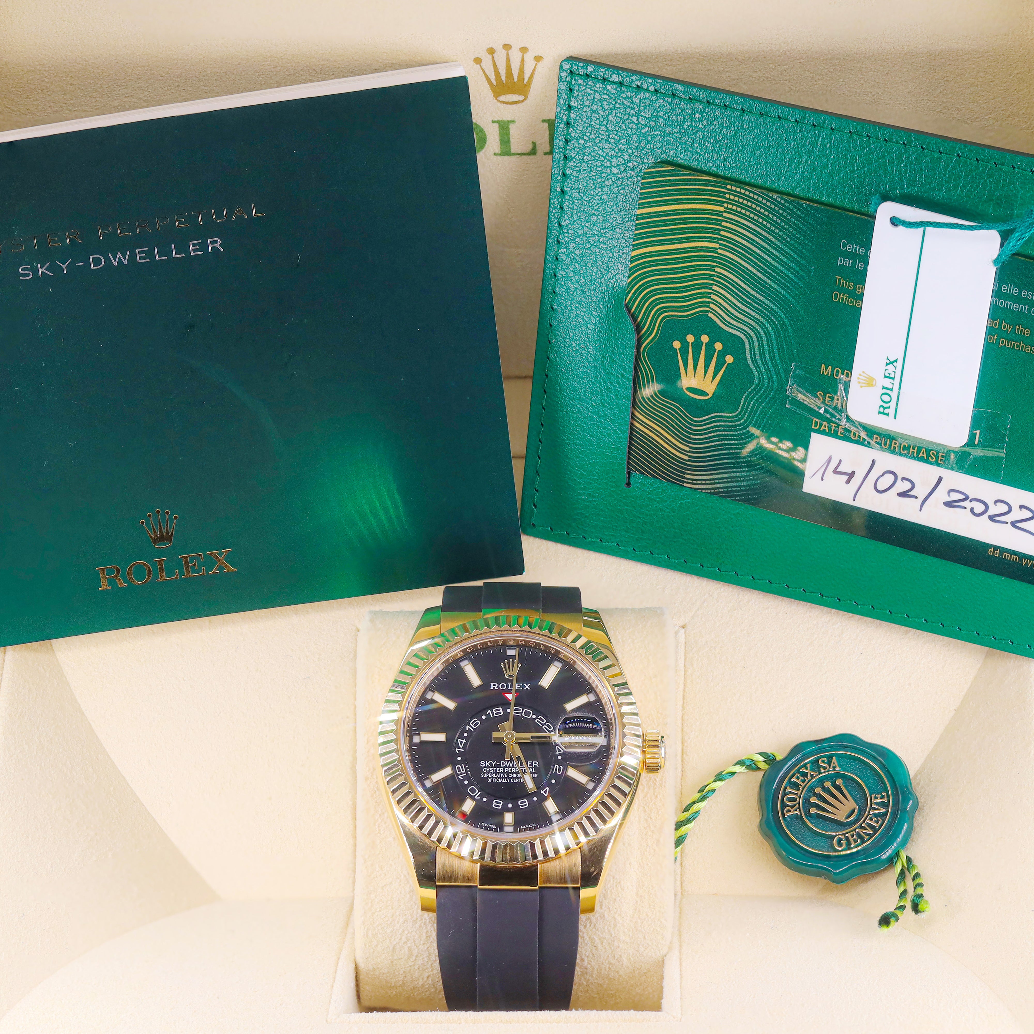 Rolex 326238 Sky Dweller Black Dial 18KT Yellow Gold Oysterflex Rubber Strap