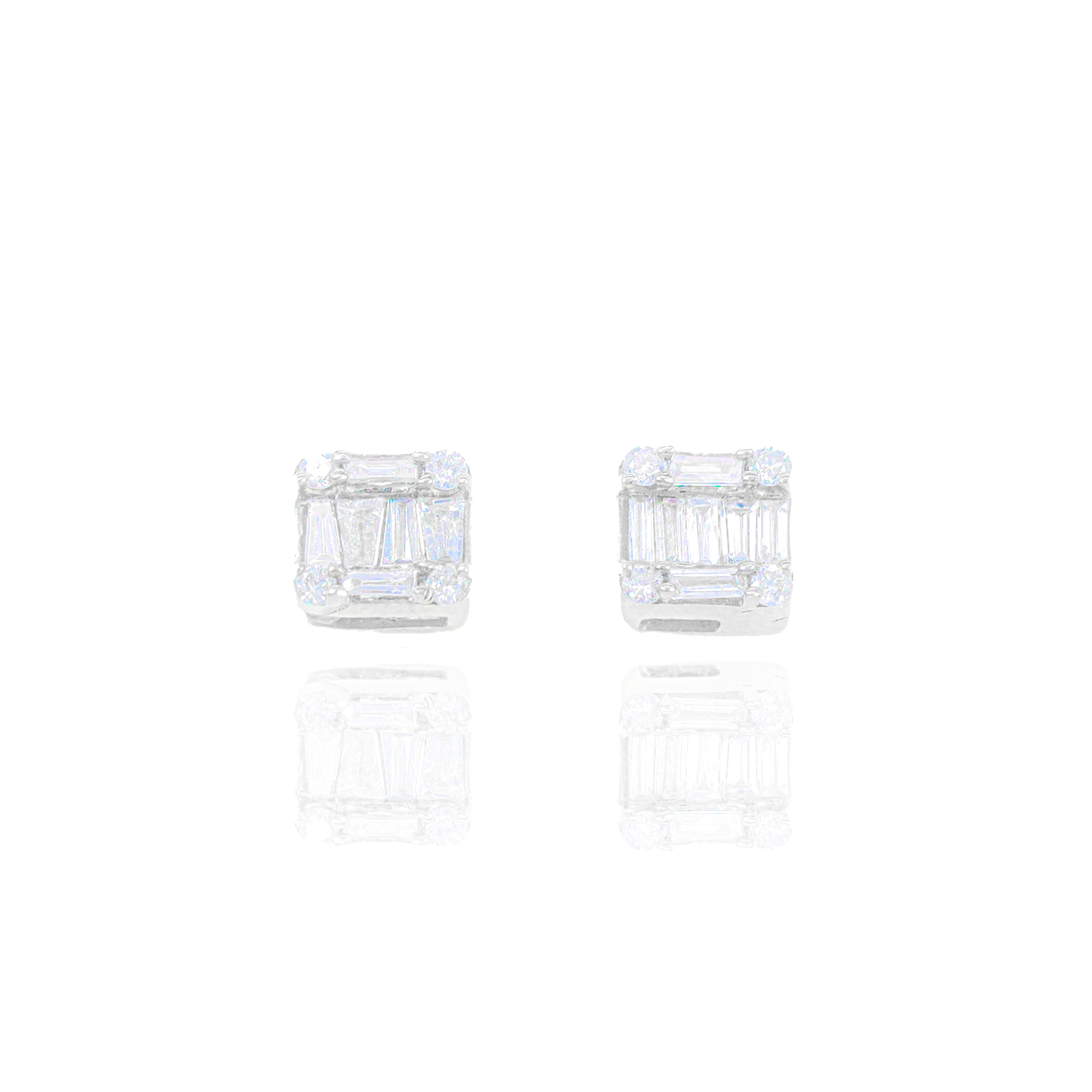 Small Baguette and Round Diamond Square Earrings
