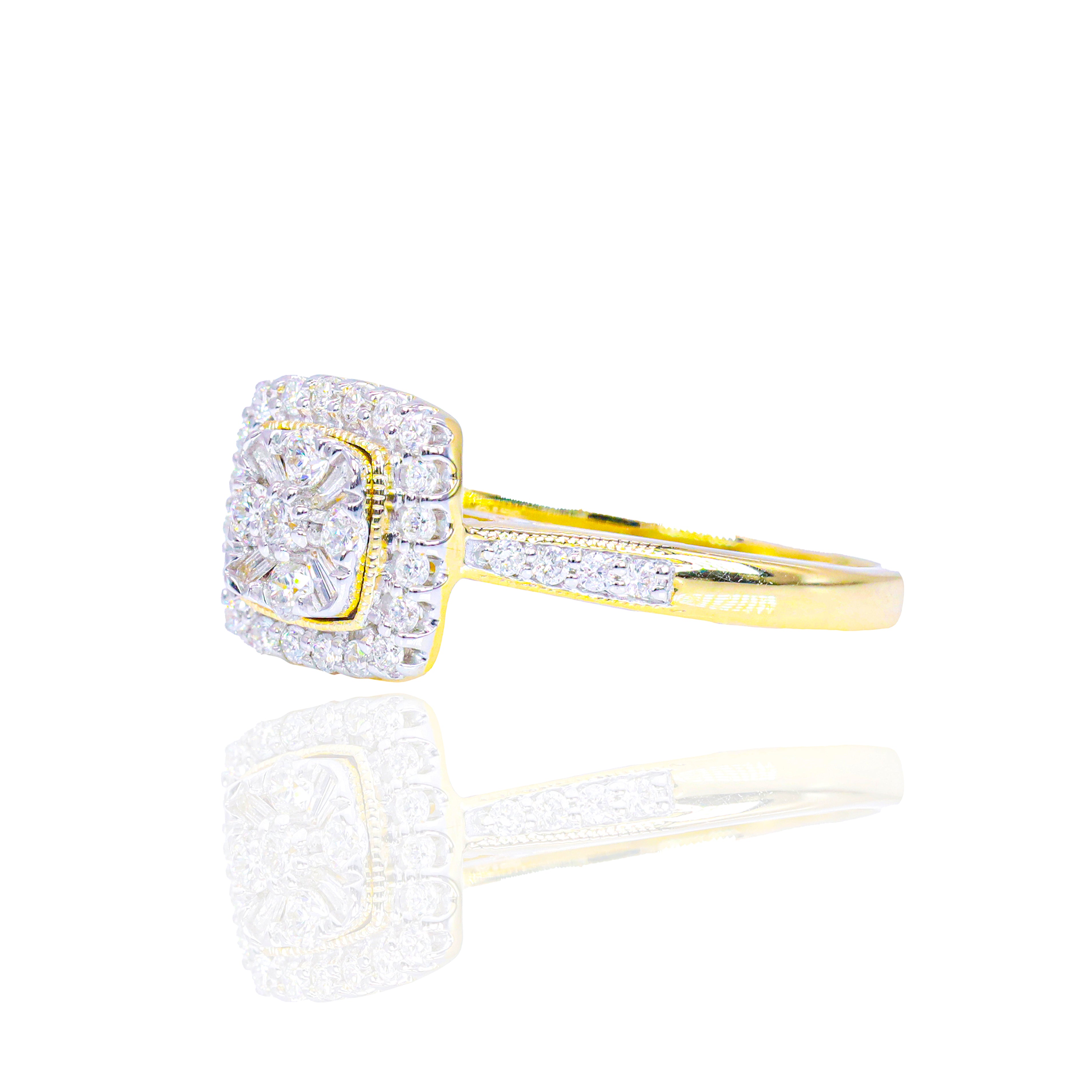 Baguette & Round Center Diamond Engagement Ring w/ Halo