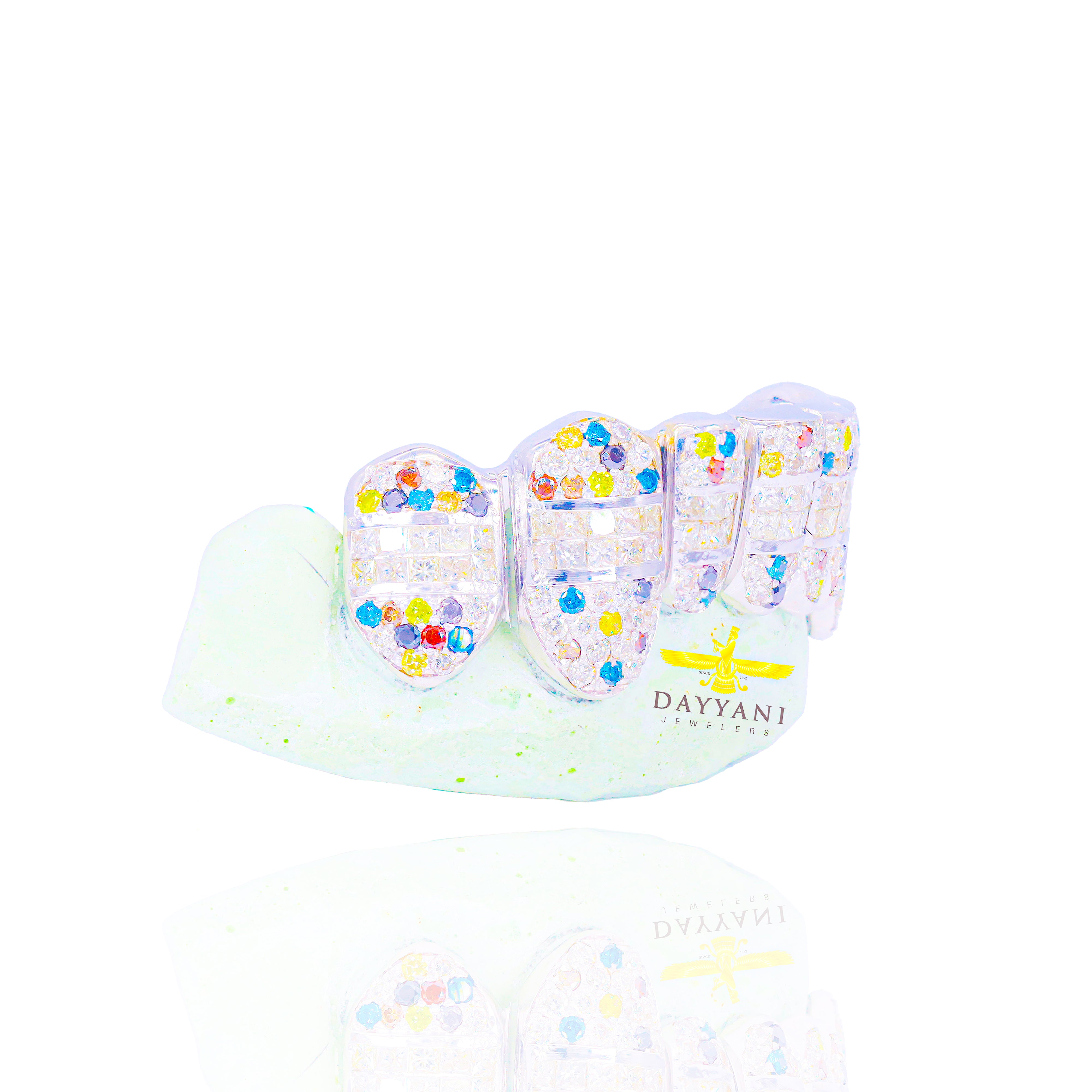 Custom Confetti Hybrid Princess Cut & Round Diamond Gold Grillz