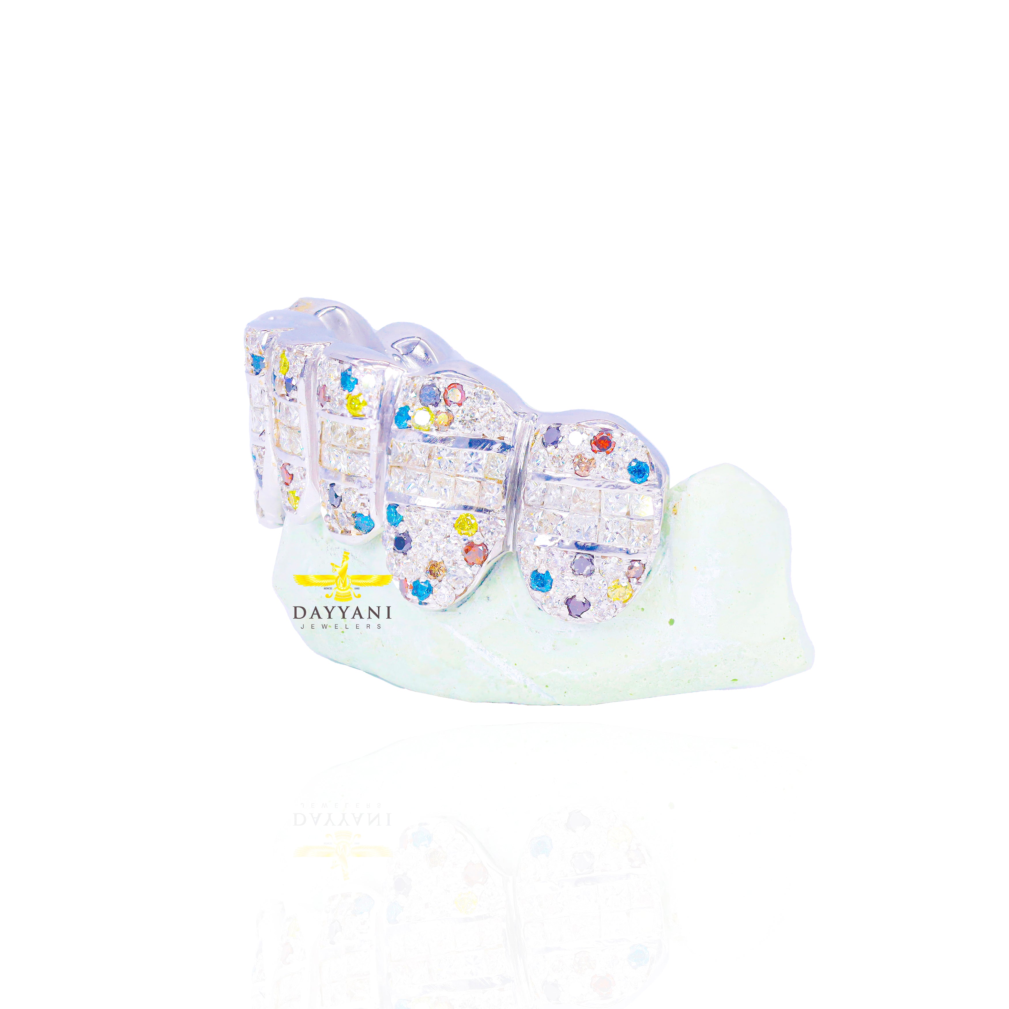 Custom Confetti Hybrid Princess Cut & Round Diamond Gold Grillz