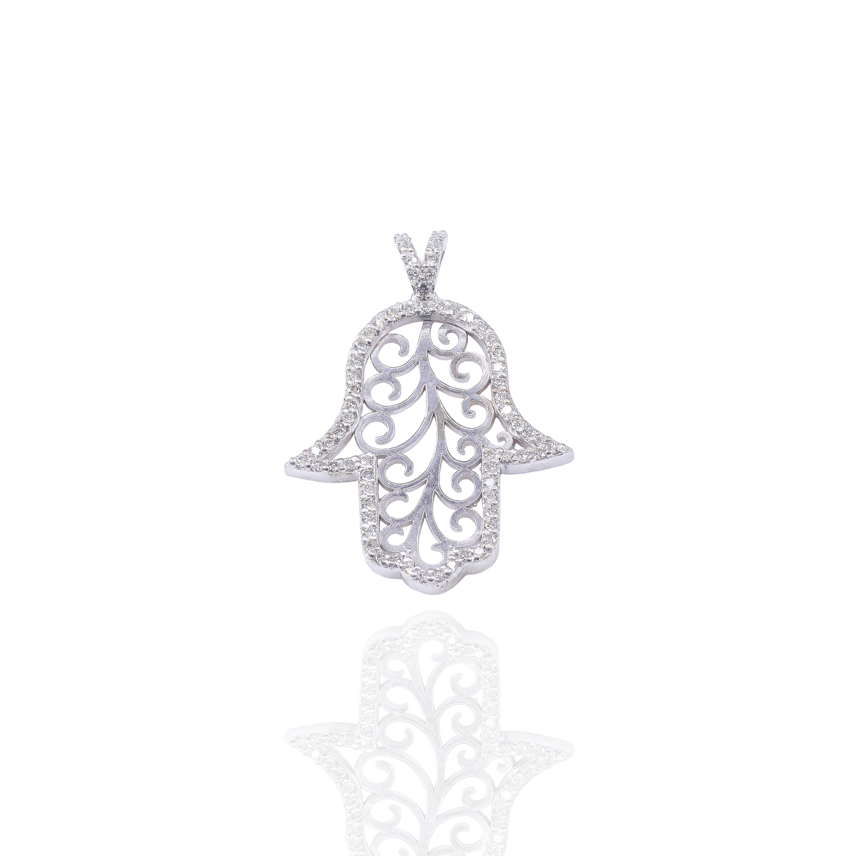 Open Design Hamza Hand Pendant w/ Diamond Border